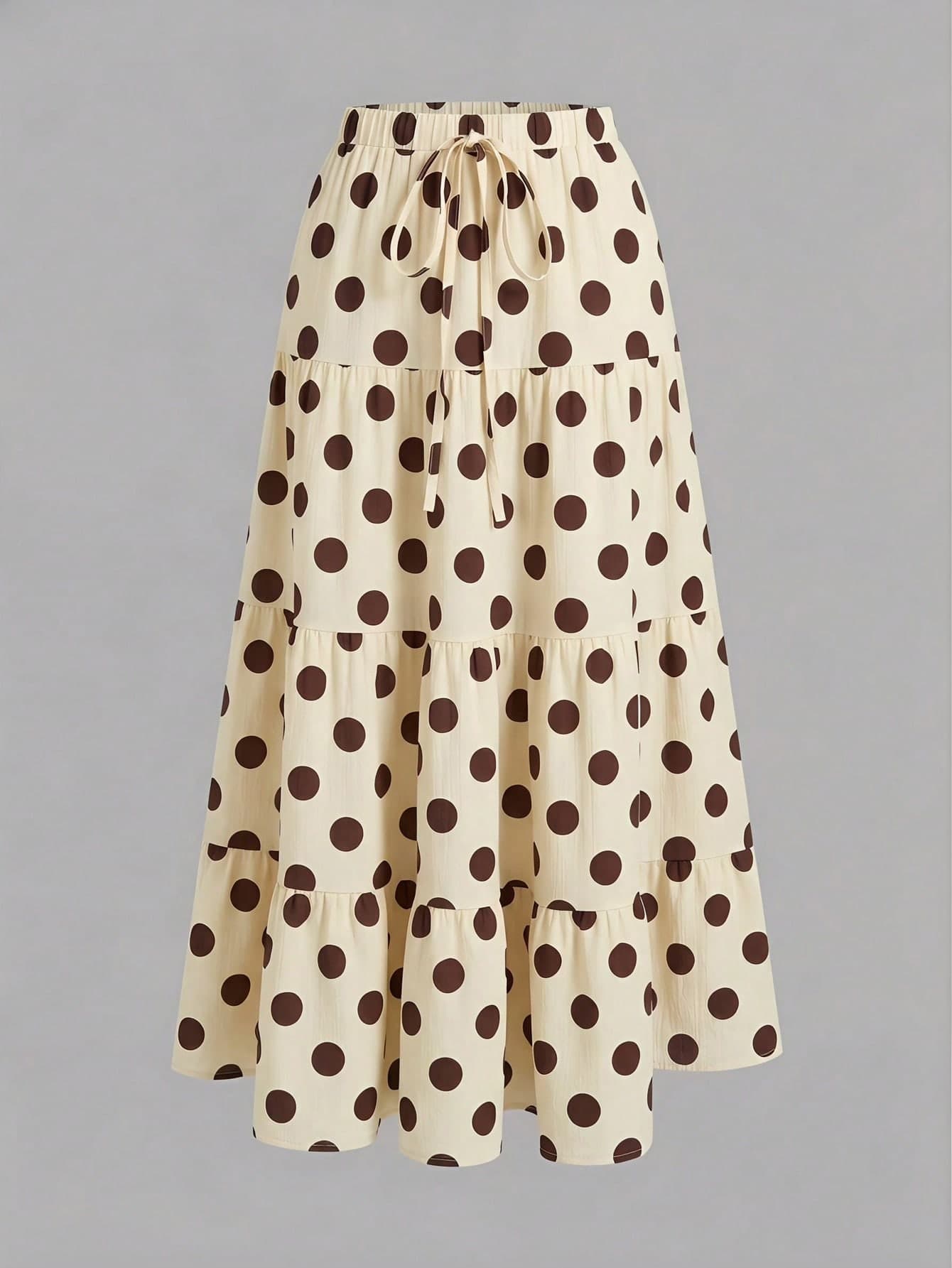 SHEIN EZwear Casual Minimalist Retro Elegant Commuting Versatile Warm Brown Polka Dot Print Pattern, Beach, Vacation Women's Summer 3-Tier Cake Skirt