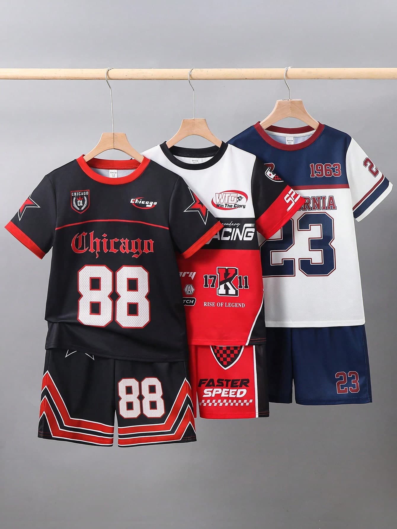 SHEIN Kids 6pcs Tween Boy Casual Racing Theme Print T-Shirt & Shorts Set,Black And White,Summer,Streetwear,School,Back-To-School,Gothic Chicago,Number 88