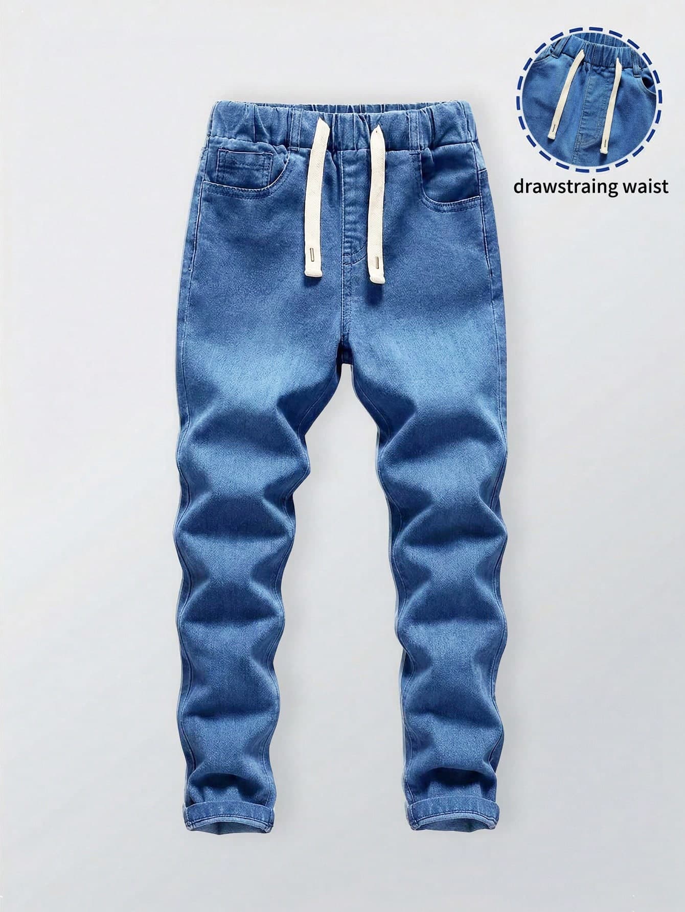 SHEIN Mirajuku Teen Boys Light Blue Denim Long Pants,Elastic Waist Drawstring Straight Leg Loose Casual Cargo Pants For Back-To-School Graduation Sporty Street Style
