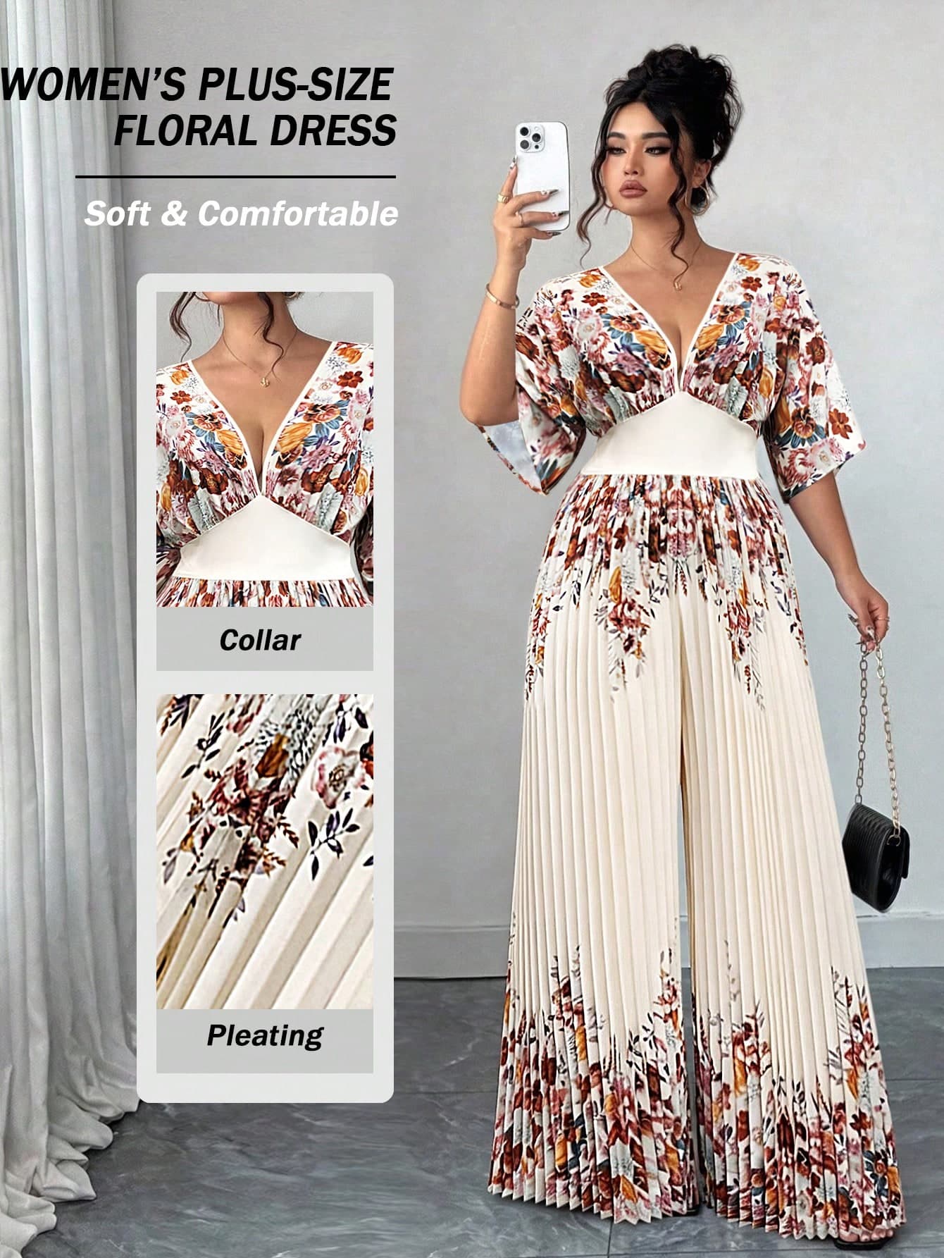 Elenzga Women's Printed Deep V Neck Batwing Sleeve Pleated Jumpsuit,Two Piece Set Elegant Business Casual Outfit,Boho,Beige,Autumn,Tea Party,Holiday Wear