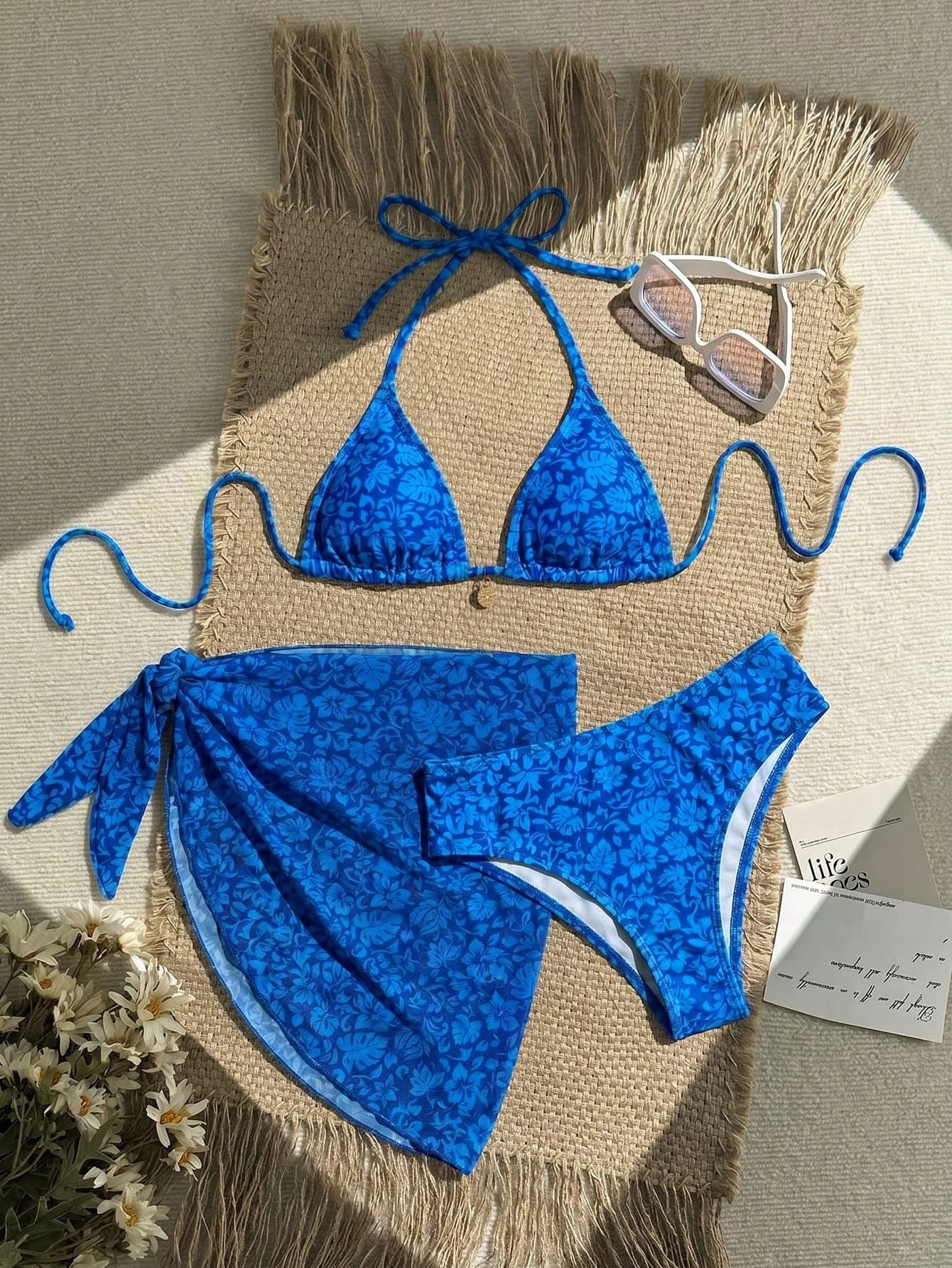 Swim Vcay 3pcs Women's Summer Beach Holiday Metal Pendant Floral Halter Backless Sexy Bikini Set