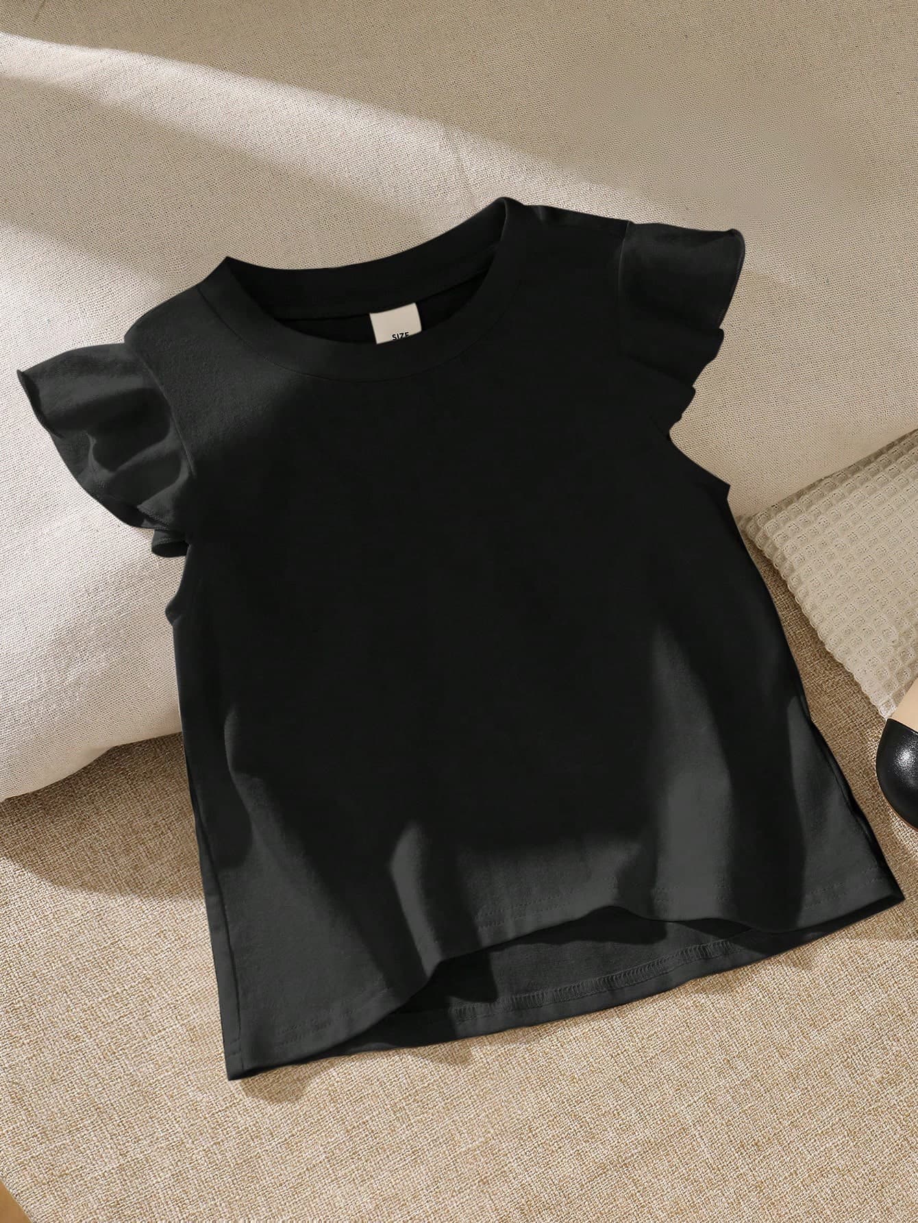 SHEIN Young Girl Solid Color Round Neck Ruffle Hem Loose Casual T-Shirt