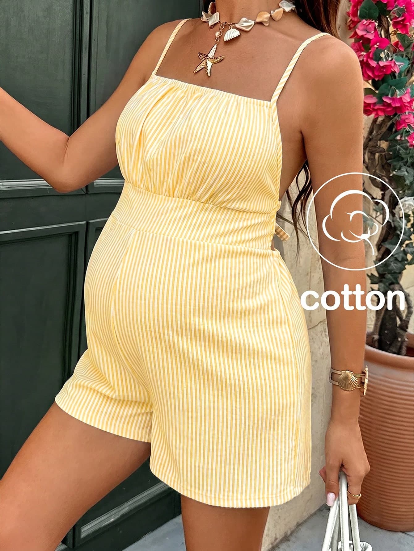 Lyckli Maternity Striped Ruched Back Tie Camisole Shorts