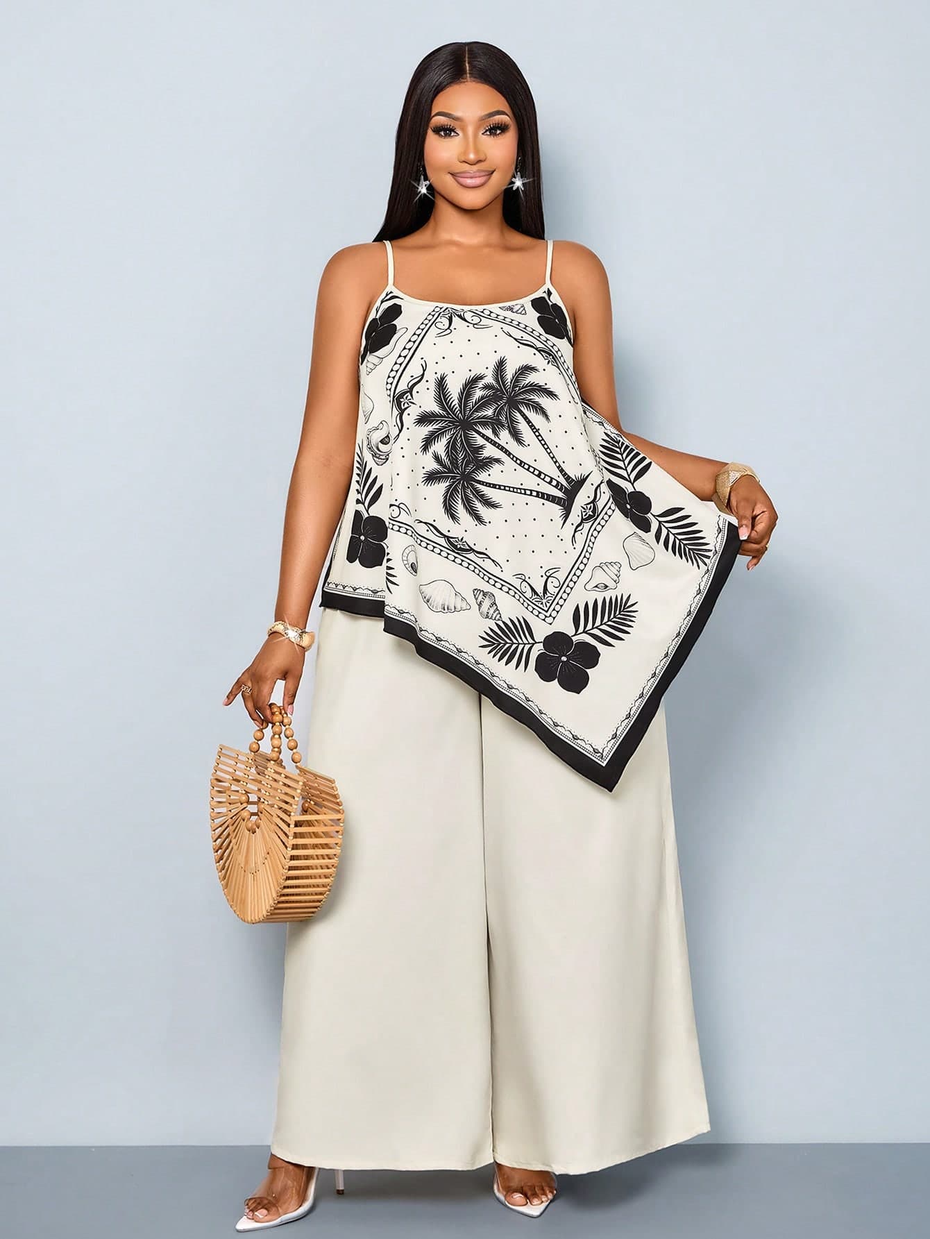 SOLERSUN Plus Size Women's Summer Boho Black And White Vacation Jumpsuit, Sleeveless V-Neck Wide Leg Pants, Tropical Coconut Tree Print Loose Outfit Beach