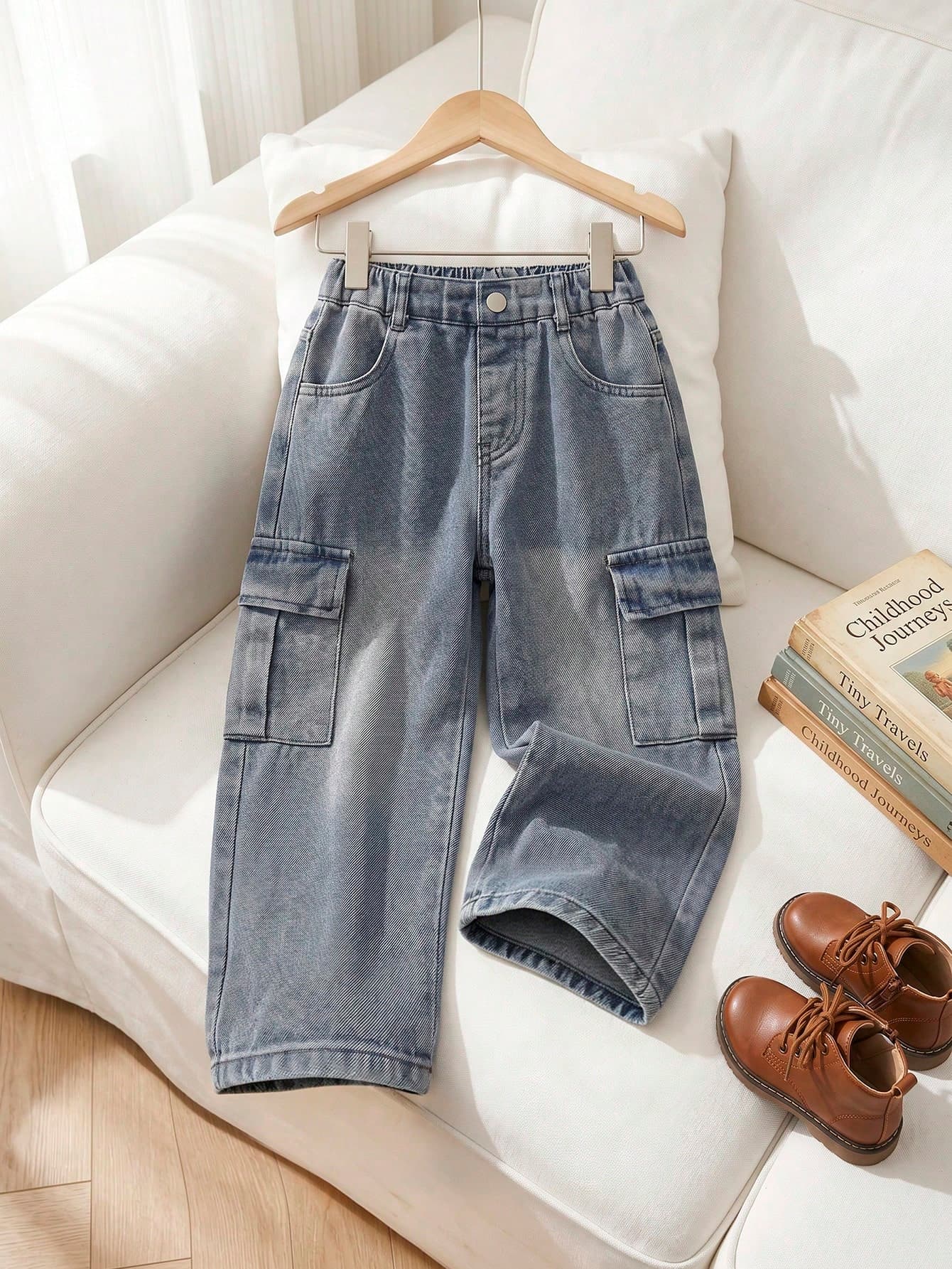 SHEIN Young Girl Flap Pocket Side Wide Leg Jeans, School, Campus, College Summer Holiday