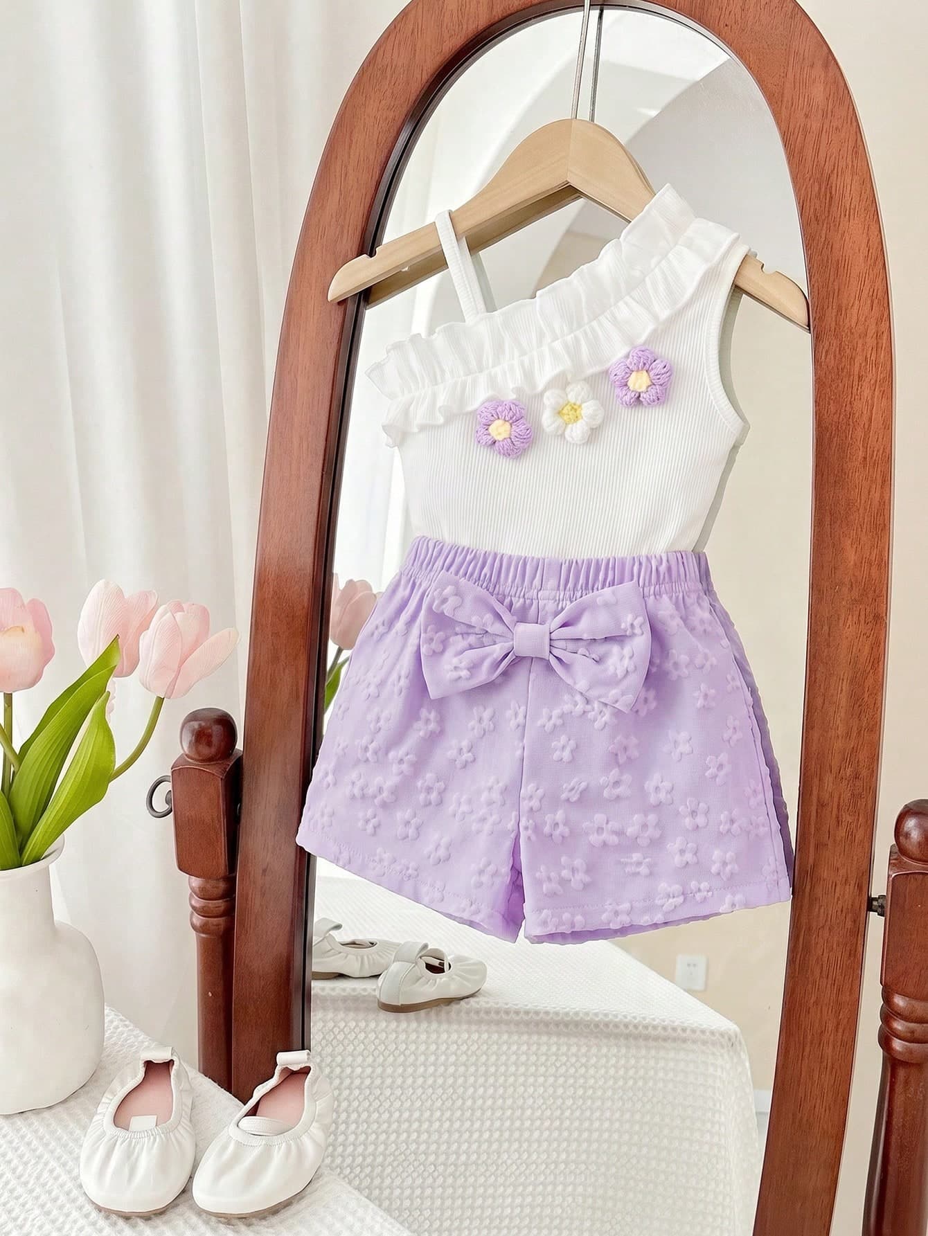 SHEIN Cute Baby Girls Lavender Summer Birthday Outfits Purple Floral Print Asymmetrical Neck Tee & Skirt Set With Bow Detail Polyester Semi-Sheer Co-Ords