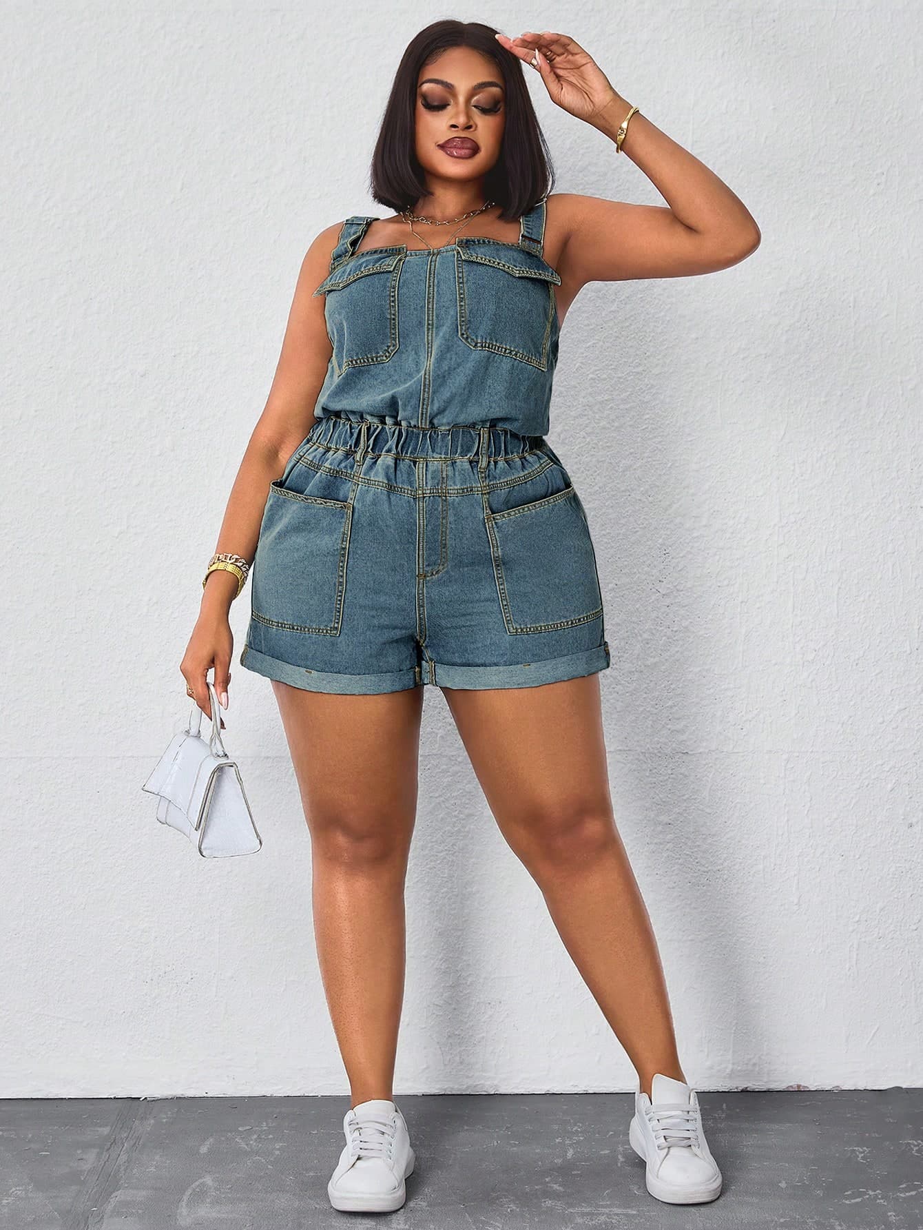SHEIN SXY Plus Size Summer High Waist Multi-Pocket Washed Denim Jumpsuit