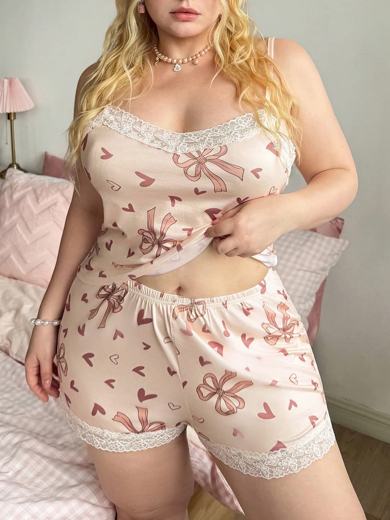 Slumberry CURVE Cute Heart & Bow Lace Camisole Plus Size Knit Pajama Set