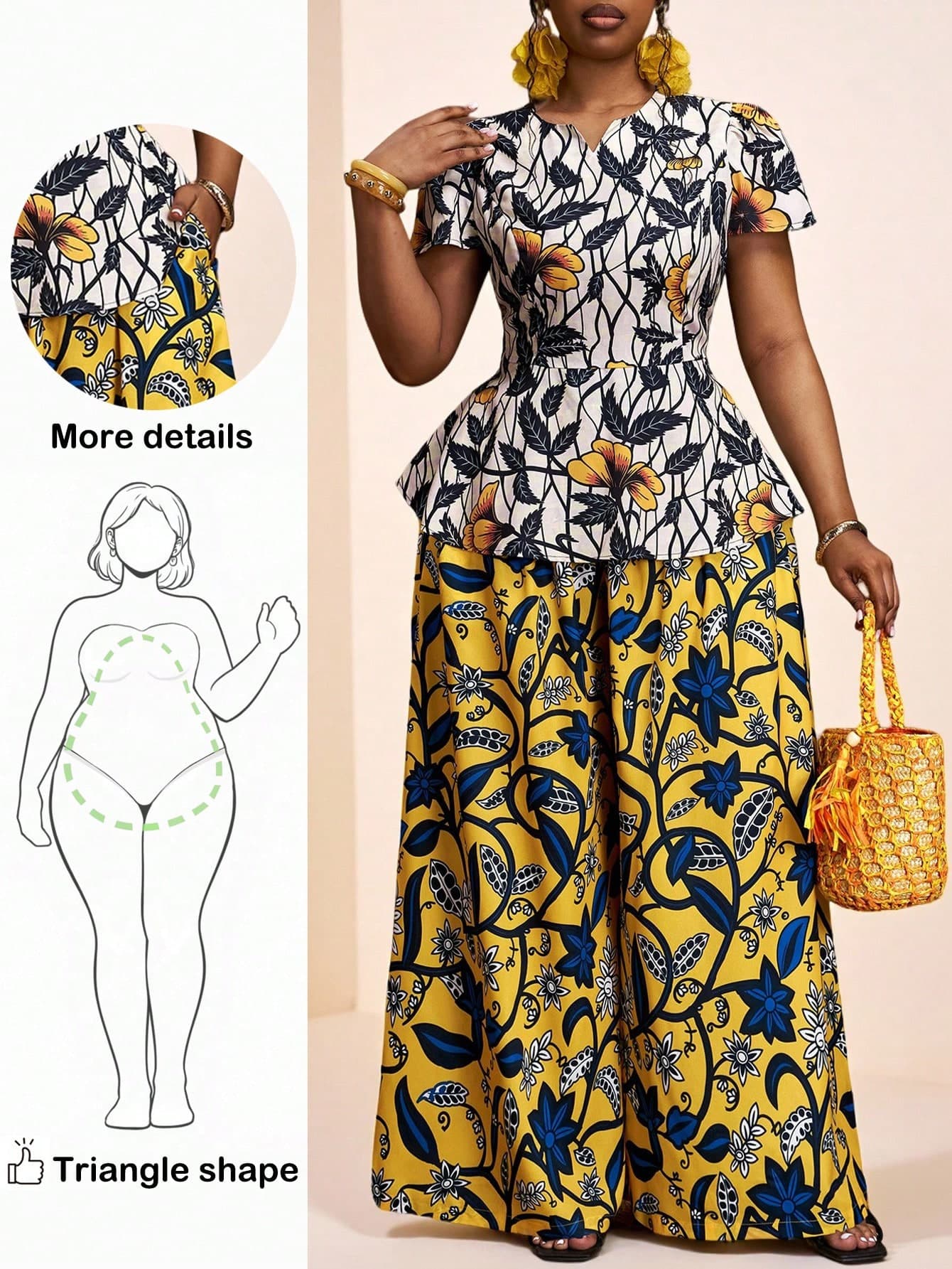 Truni Plus Size Women's Floral Print Top And Wide Leg Pants Two Pieces Set,Summer Boho Tea Party Vacation Holiday African Clothes Beach Vacation Suit