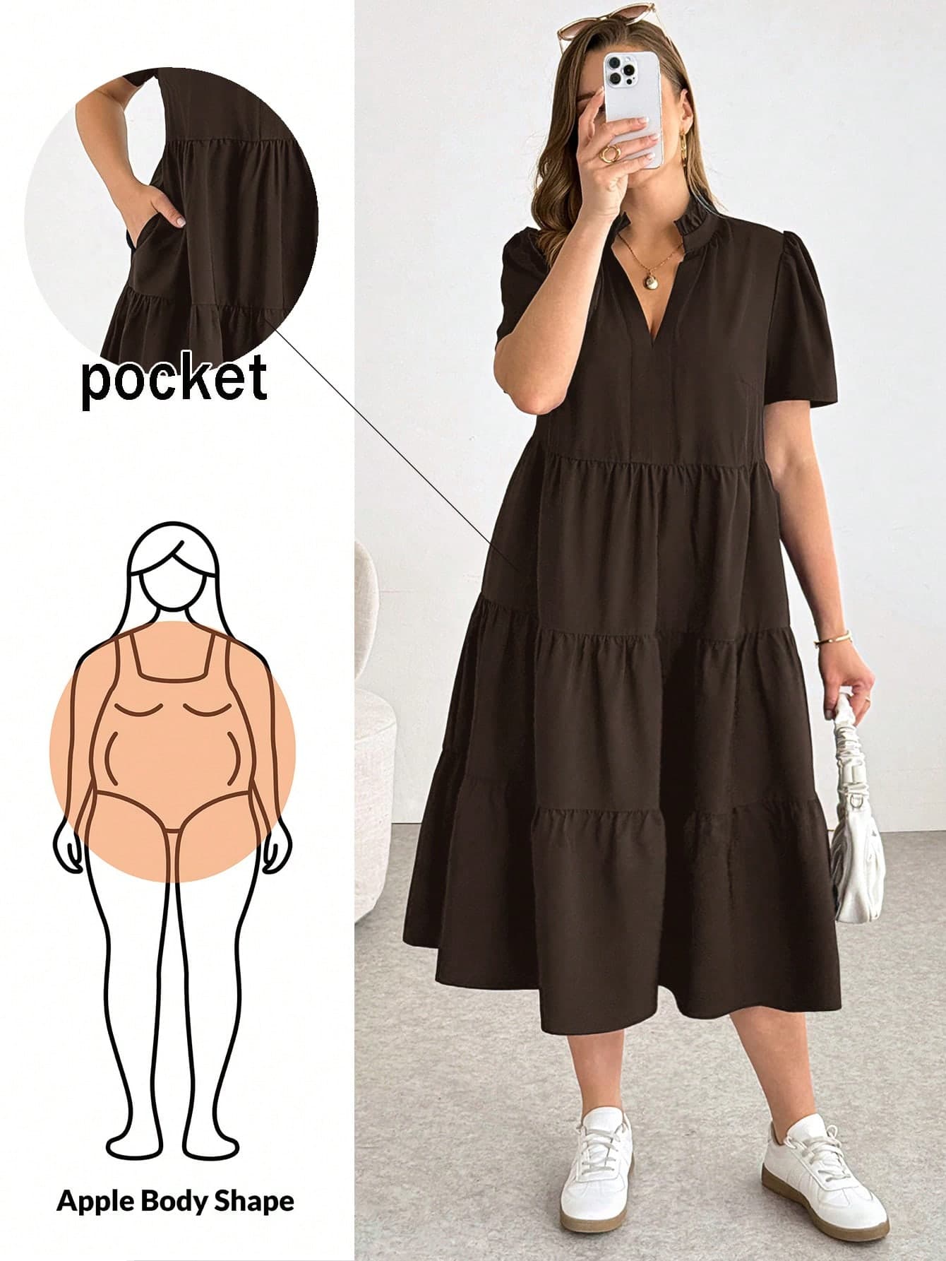Shapeblank Plus-Size Women's Brown Midi Dress,Autumn Smart Casual Short-Sleeved Pocket Dress,Loose Comfortable Everyday Basic Versatile Vacation Elegant Outfit