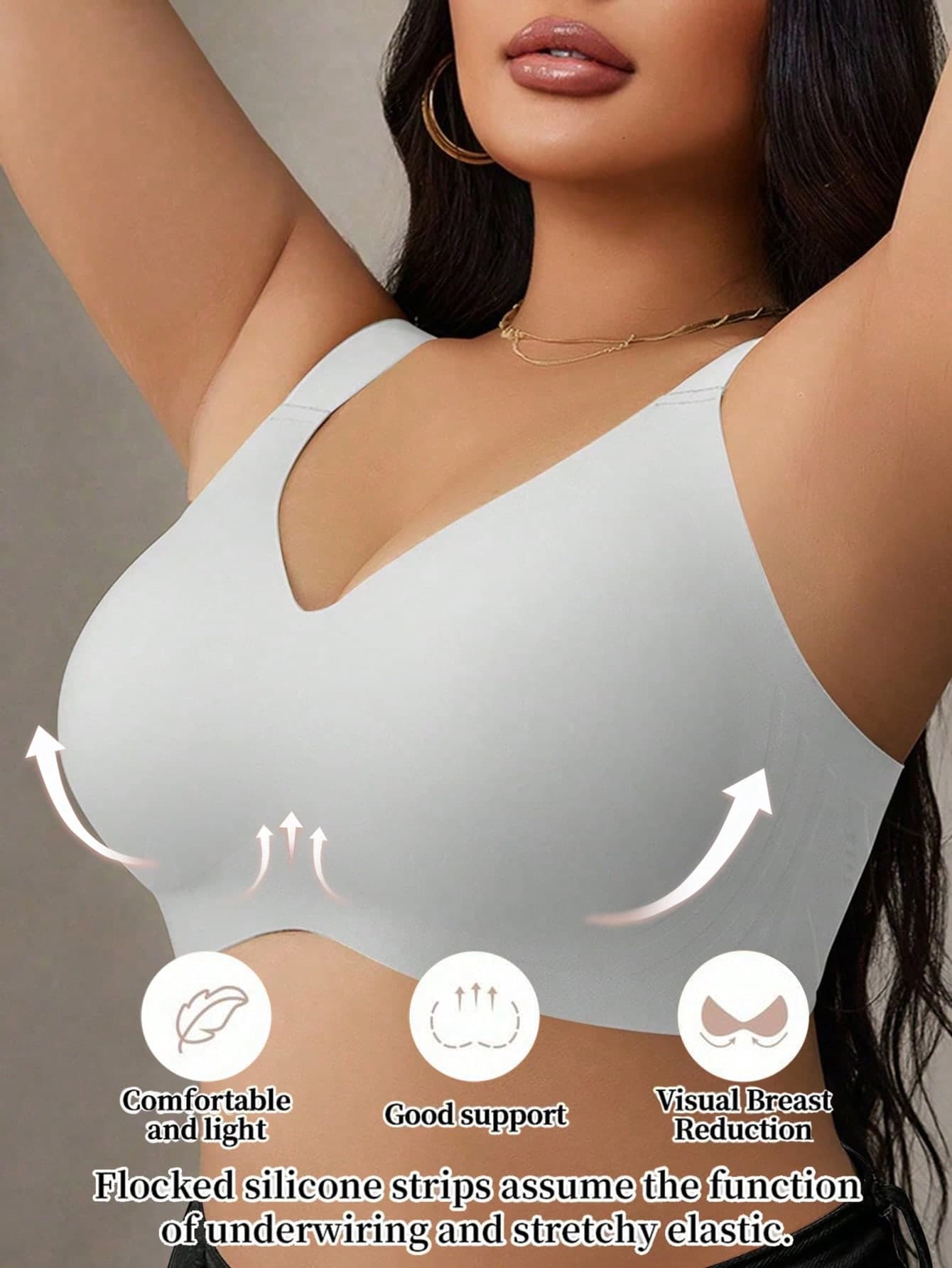 Plus Size Women Seamless Jelly Striped Soft Support Wireless Gather Lingerie Bra Cup