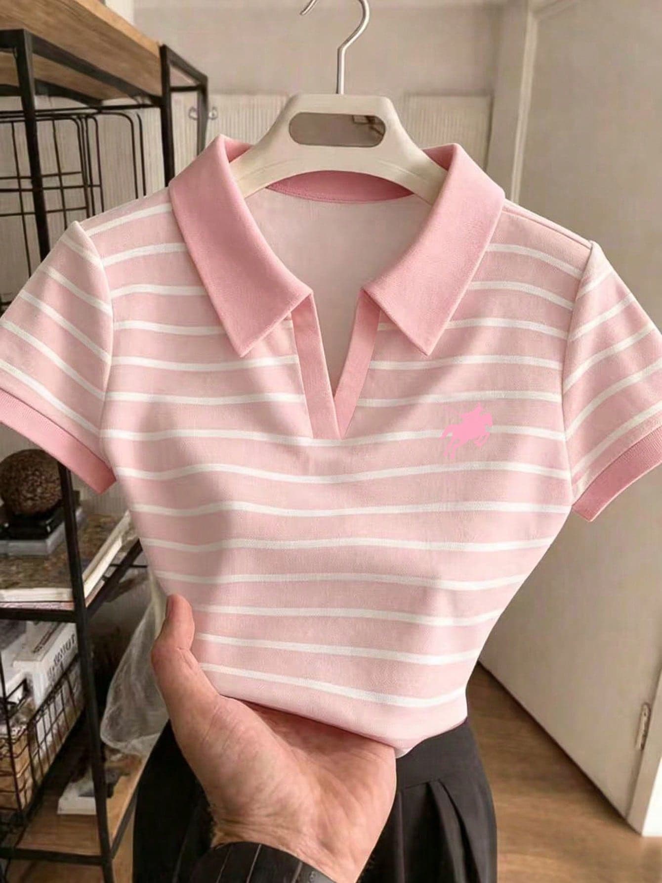 Rovax Women's Short Polo Shirt With Striped Horse Riding Print, Contrast Color Collar