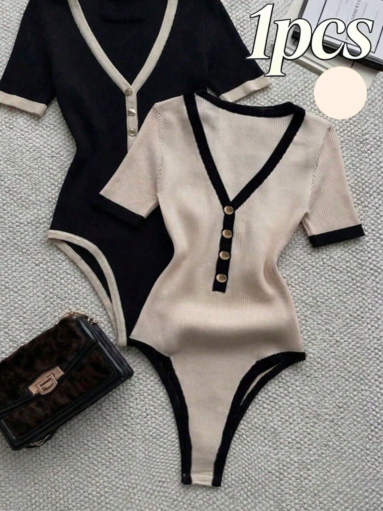 Franclia Plus Size Women's Contrast Color V-Neck Short Sleeve Button Design Casual Bodysuit