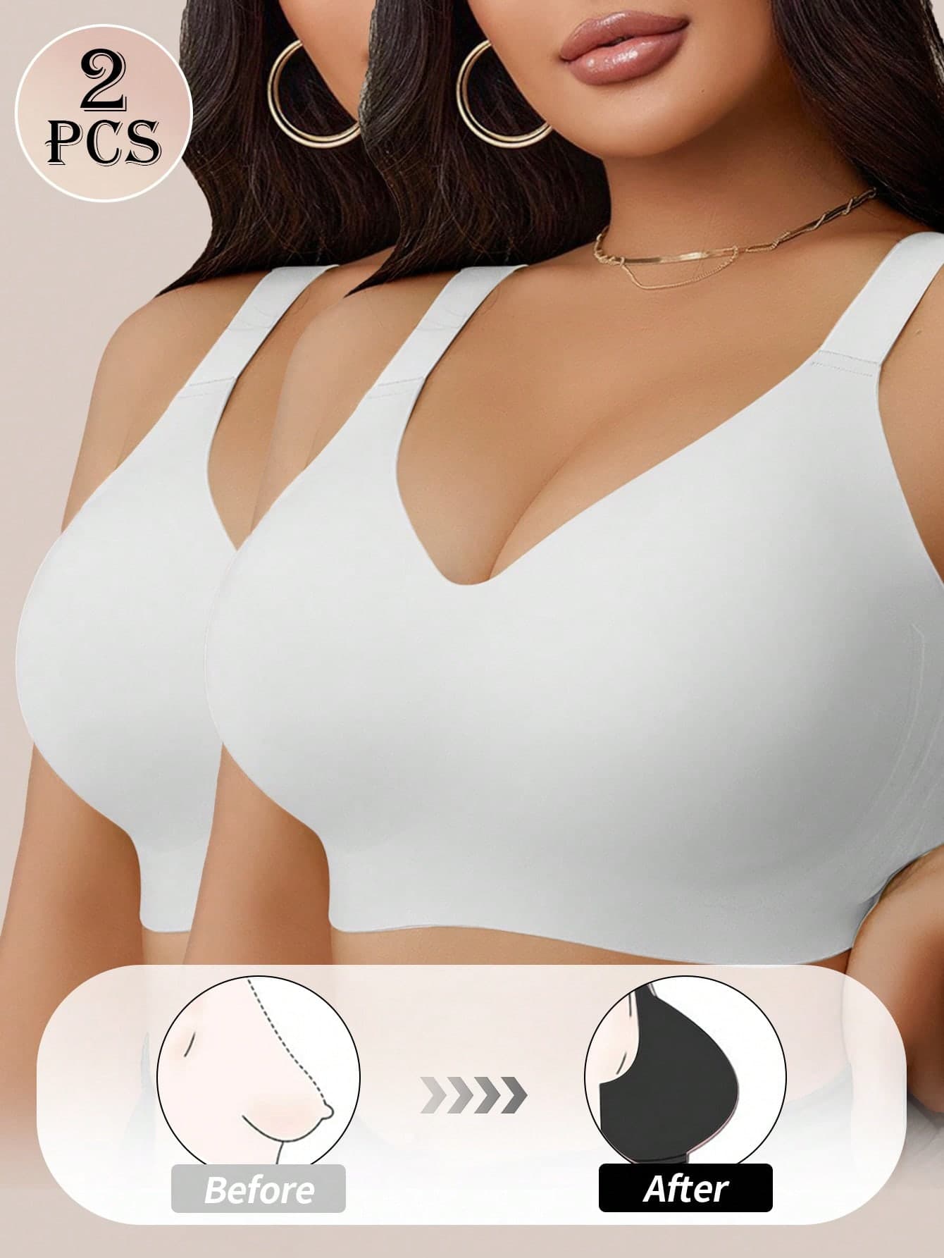 SHEIN 2pcs/Set Plus Size Seamless Jelly Stripe Soft Support Wireless Bra, Gather & Lift Bust, Reduce Side Bulge