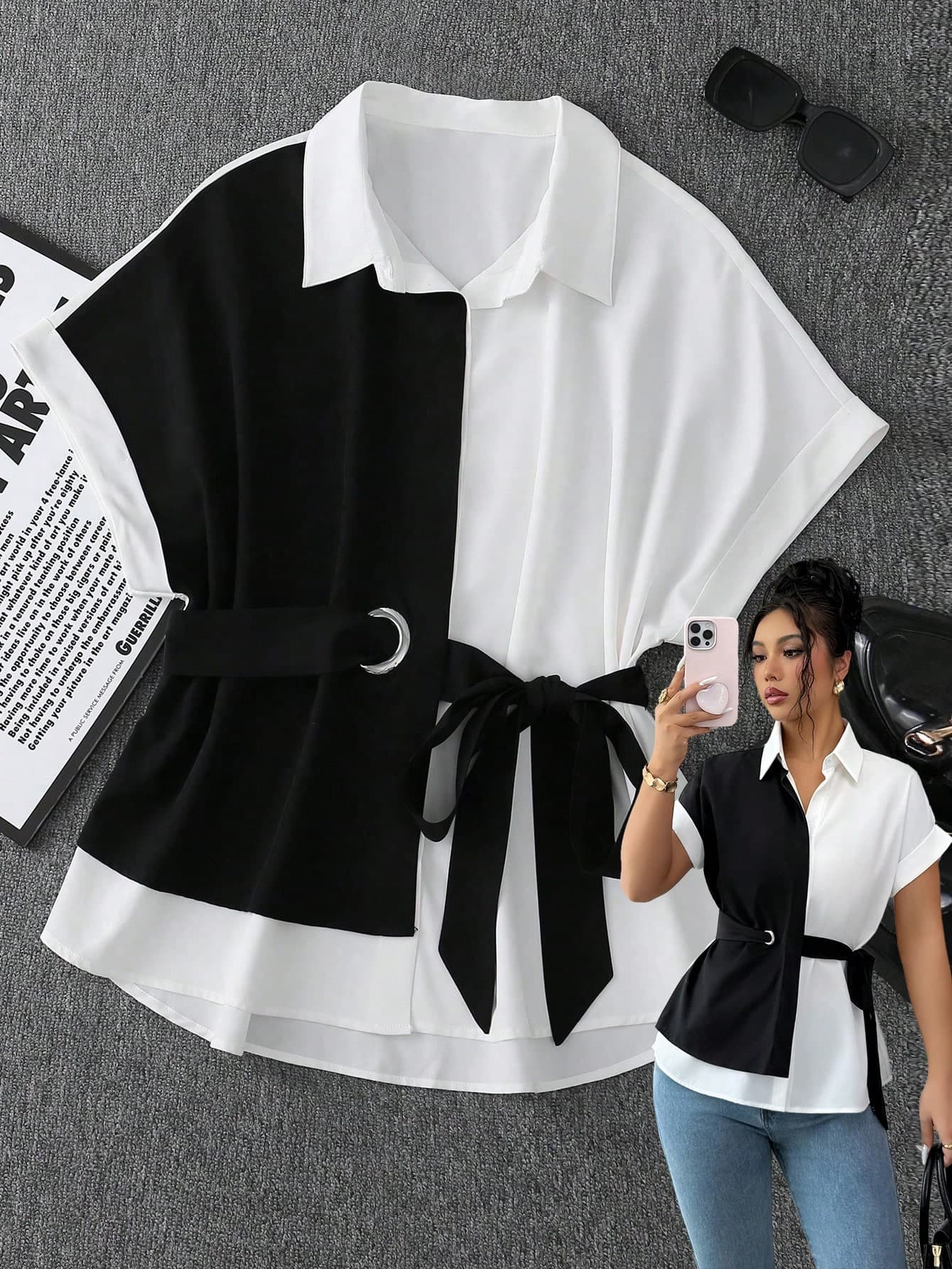 GlowEve Women's Elegant Black And White Shirt Collar Contrast Color Eyelet Decor Fitted Waist Bowknot Summer, Casual Office Holiday Date Top