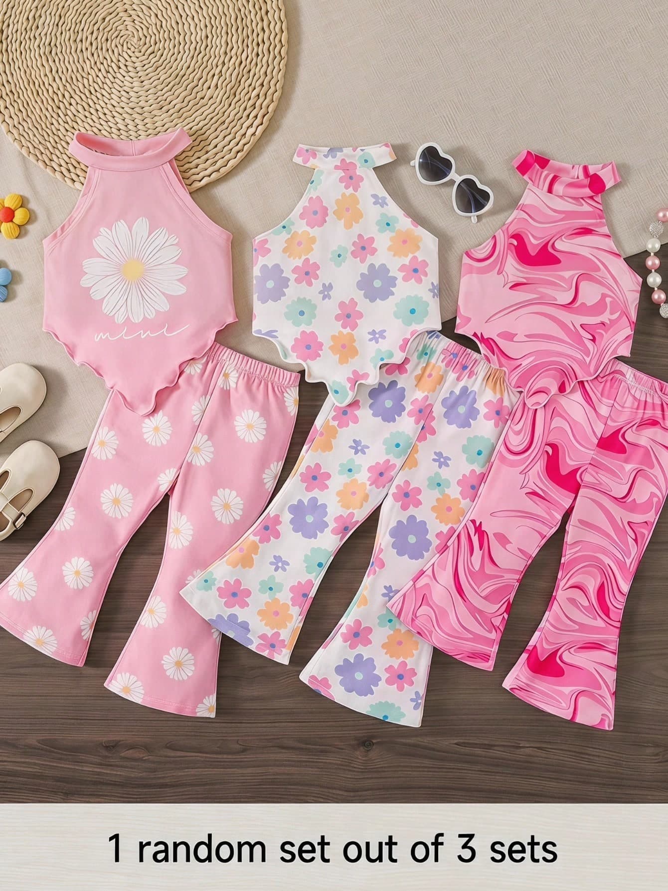 Cozy Pixies 1 Random Set Of 3 Cute Summer Outfits For Baby Girls, Includes Ditsy Floral Knit Halter Top And Flared Pants