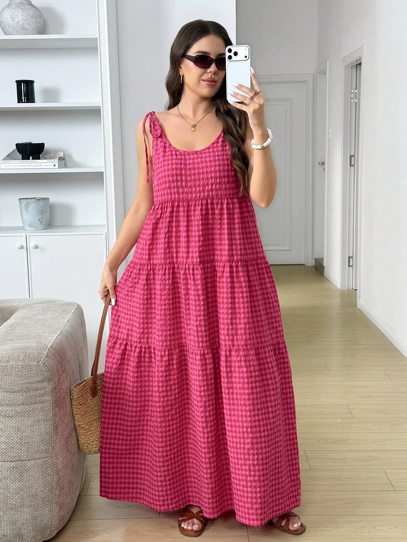 SHEIN LUNE Plus Size Women Summer Casual Boho Holiday Style Patterned Print Tie Shoulder Tiered Hem Dress Beach Holiday Pink Check