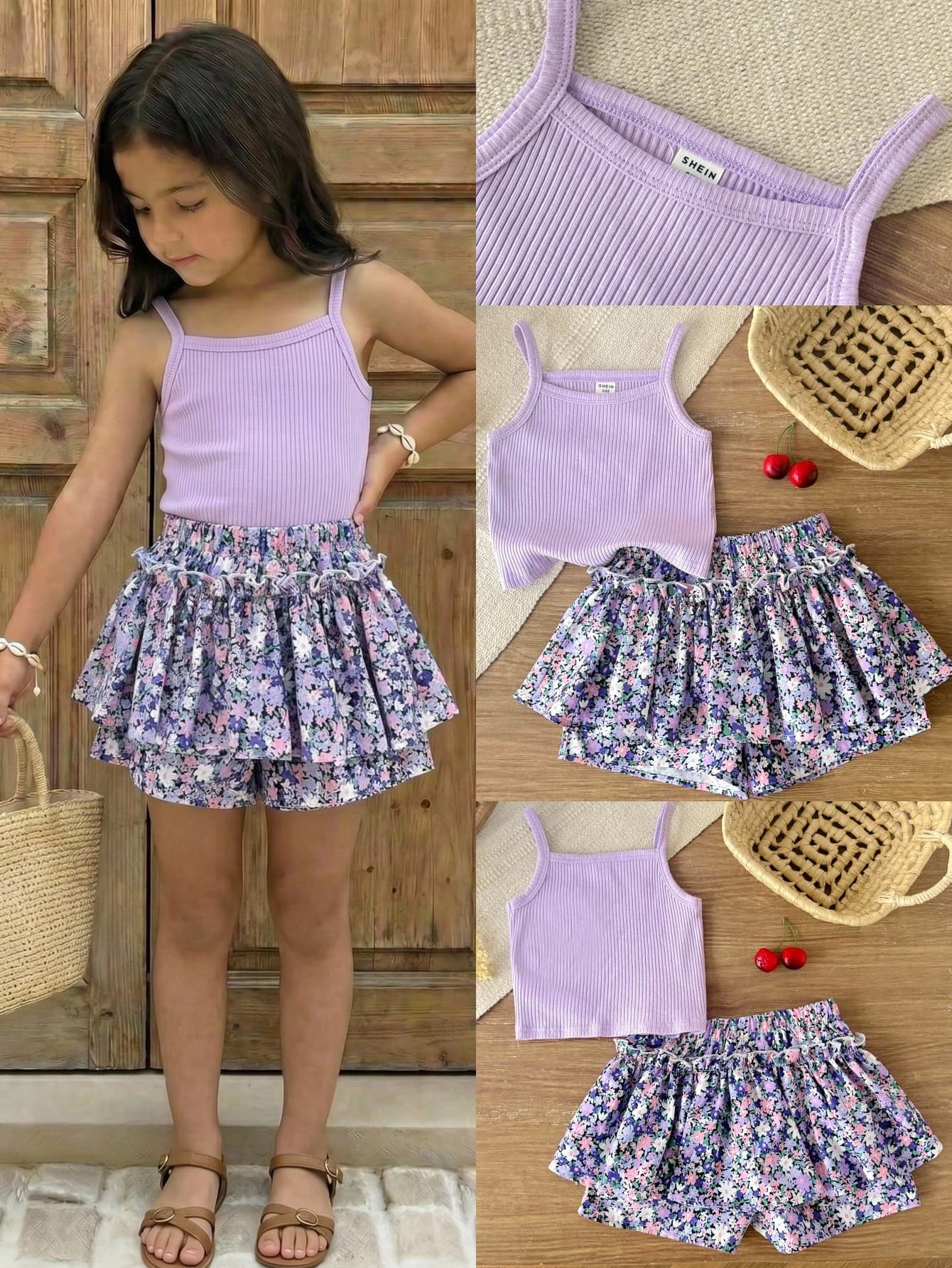 Kids/Young Girls' Cute Fashion Summer Casual Purple Ribbed Camisole + Purple Ditsy Floral Skort 2pcs Set
