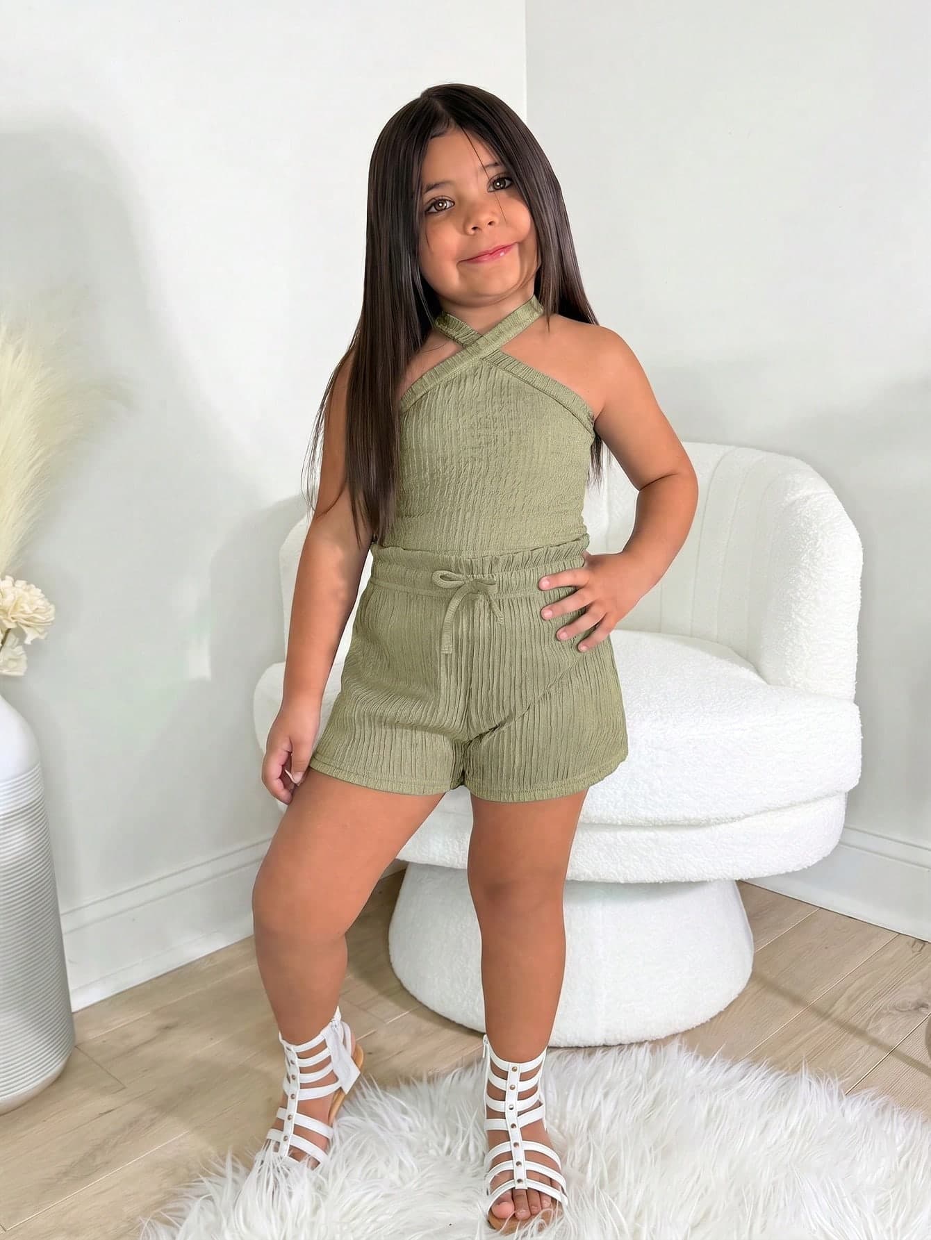 Young Girl Textured Halter Top And Shorts Set, Vacation