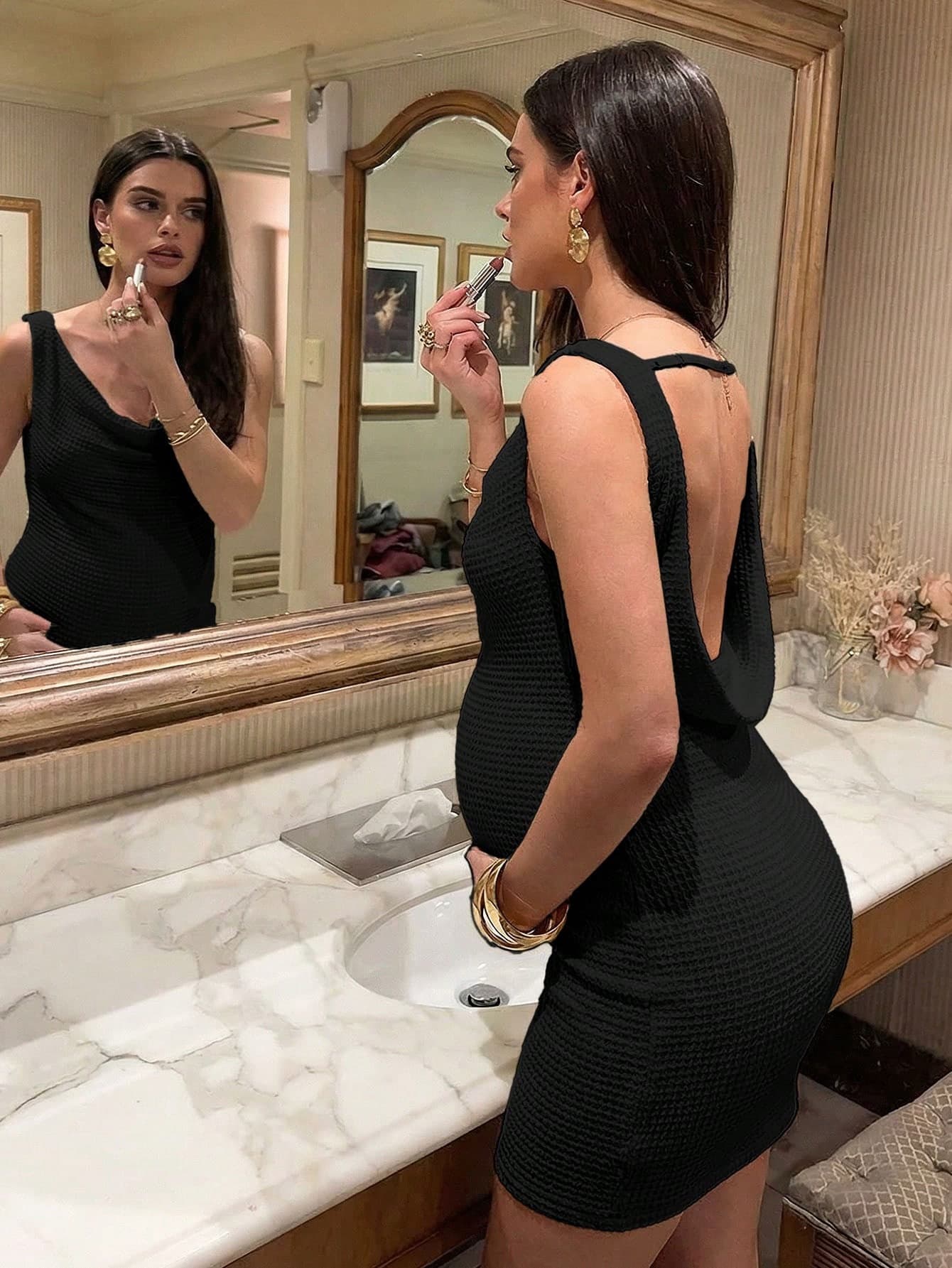 MaterniChic Maternity Casual Solid Color Backless Asymmetrical Neckline Sleeveless Dress