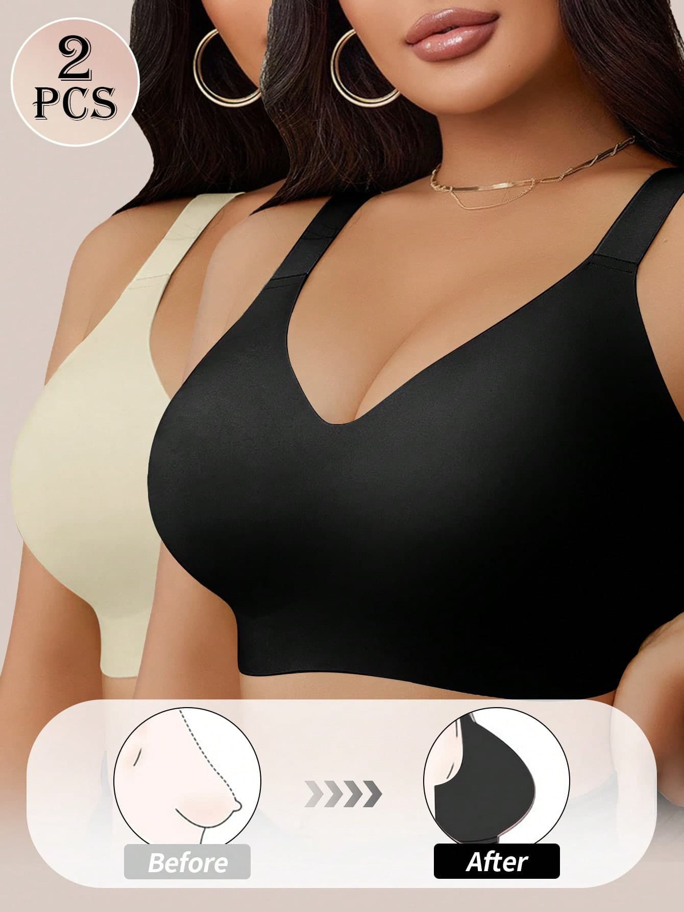 SHEIN 2pcs/Set Plus Size Seamless Jelly Stripe Soft Support Wireless Bra, Lift And Gather Bust, Reduce Side Bulge Beige Summer