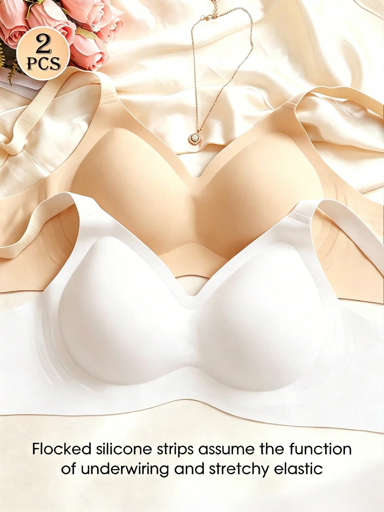SHEIN 2pcs/Set Plus Size Seamless Jelly Stripe Soft Support Wireless Bra, Gather & Lift Bust, Reduce Side Bulge