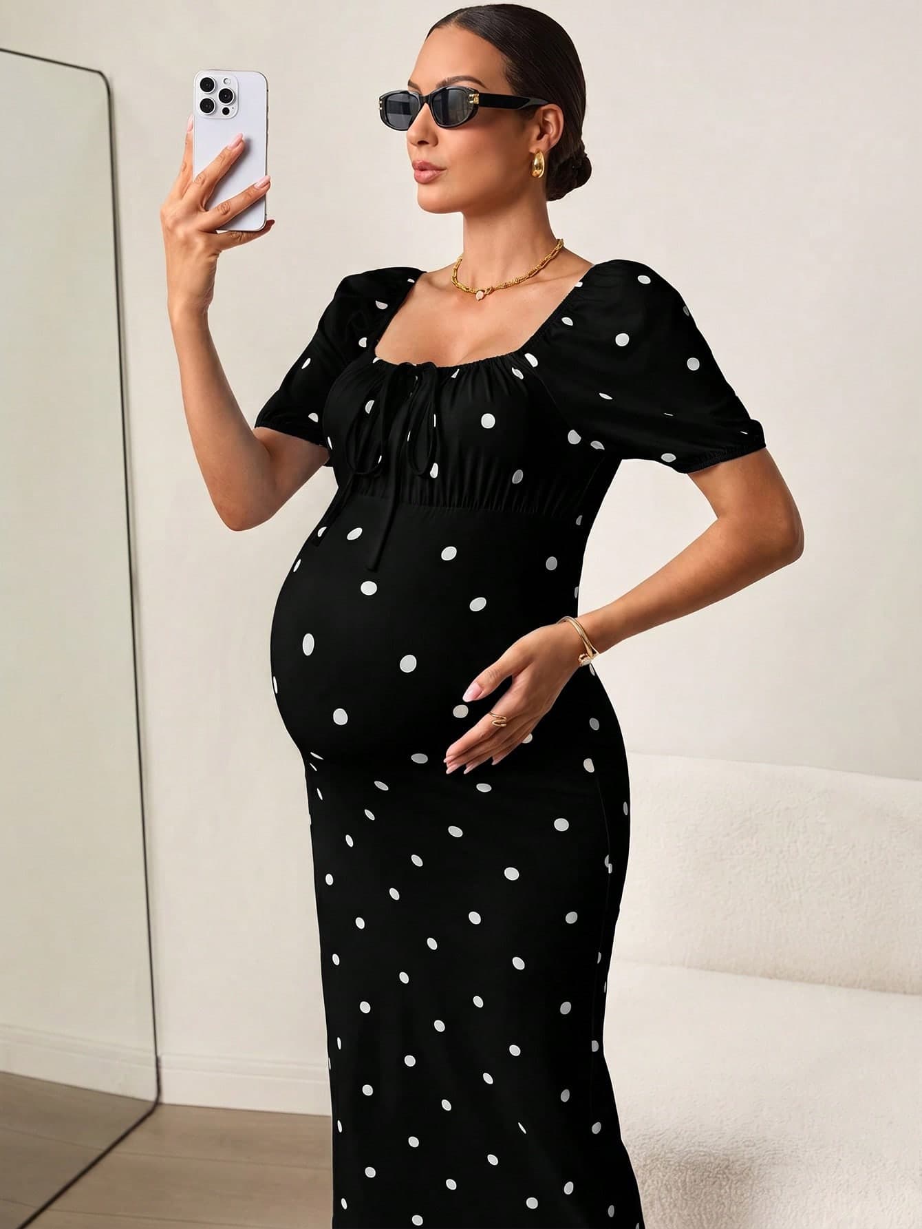 MaterniWear Pregnant Women's Polka Dot Pleated Elegant Party & Outing Dress