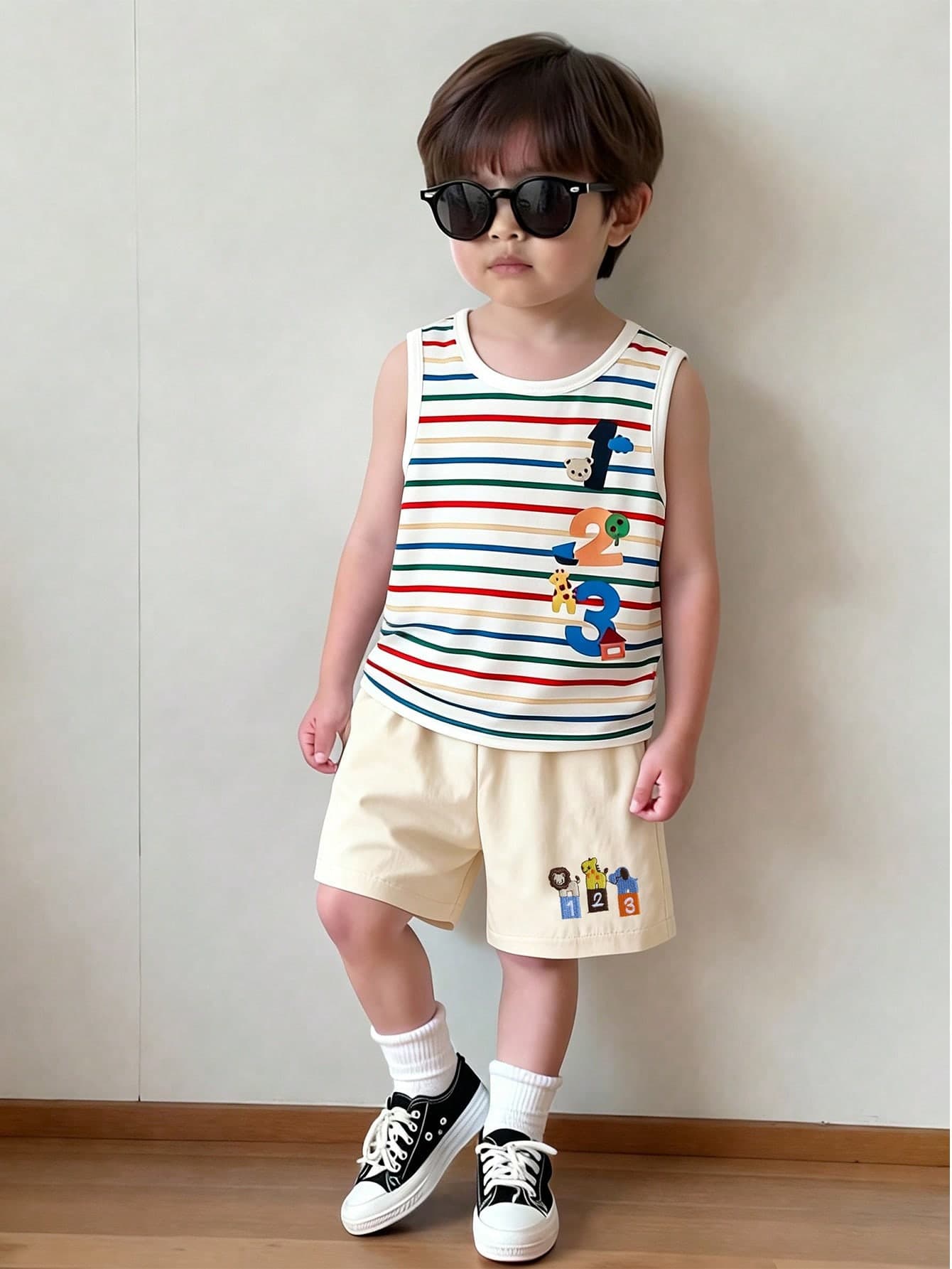 SHEIN Playful Pals 2pcs/Set Young Boys Sleeveless Round Neck Striped Graphic Tee&Elastic Waist Embroidered Shorts Set,Comfortable Casual Basketball/Running Outfit,Summer
