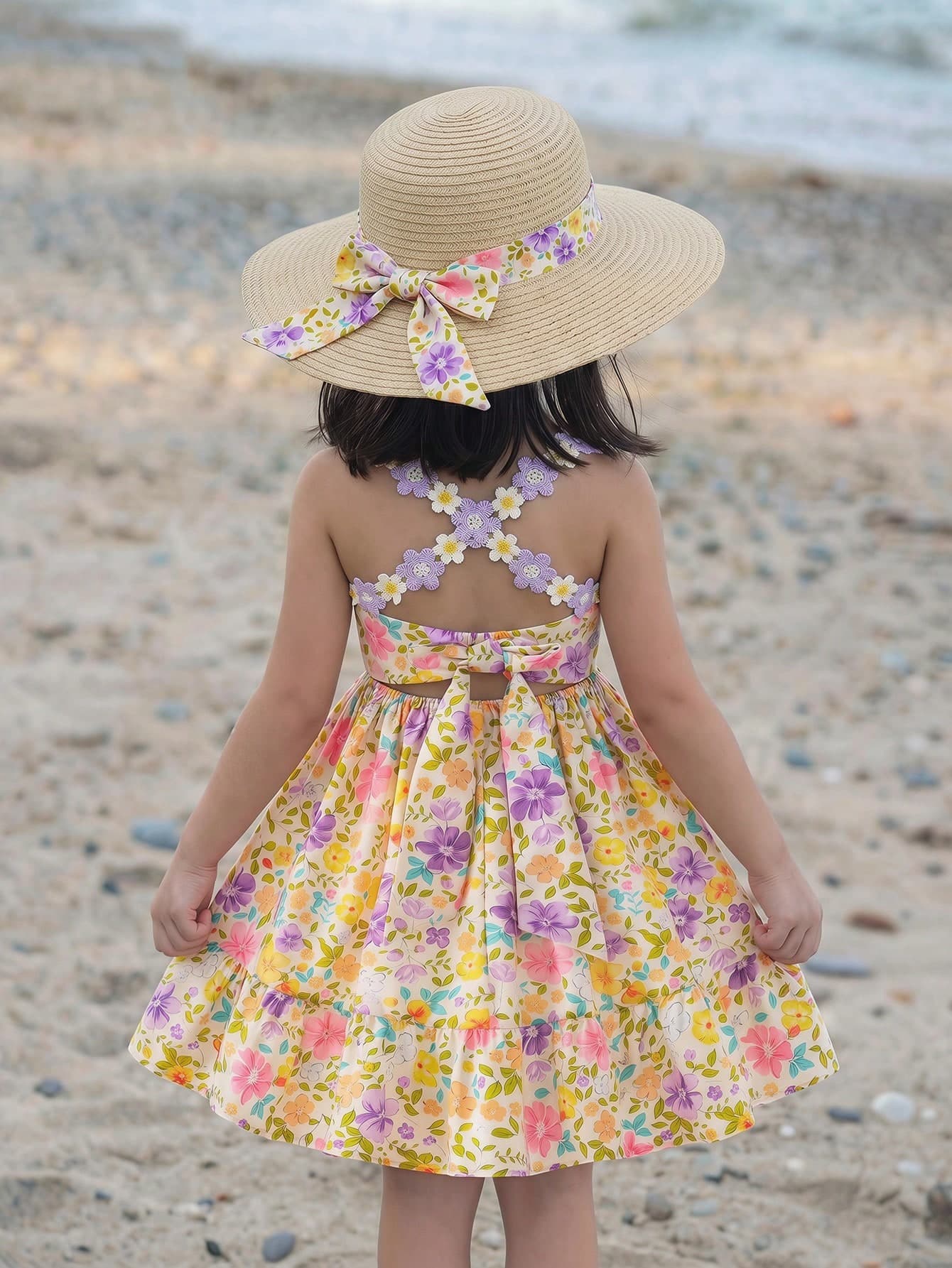 Emery Rose Kids Emery Rose Kids Young Girl Floral Print Ruffle Hem Vacation Dress,Blue Butterfly,Summer,Beach,Holiday,Girls Pleated Short Dress With Crisscross Flower Strap Back