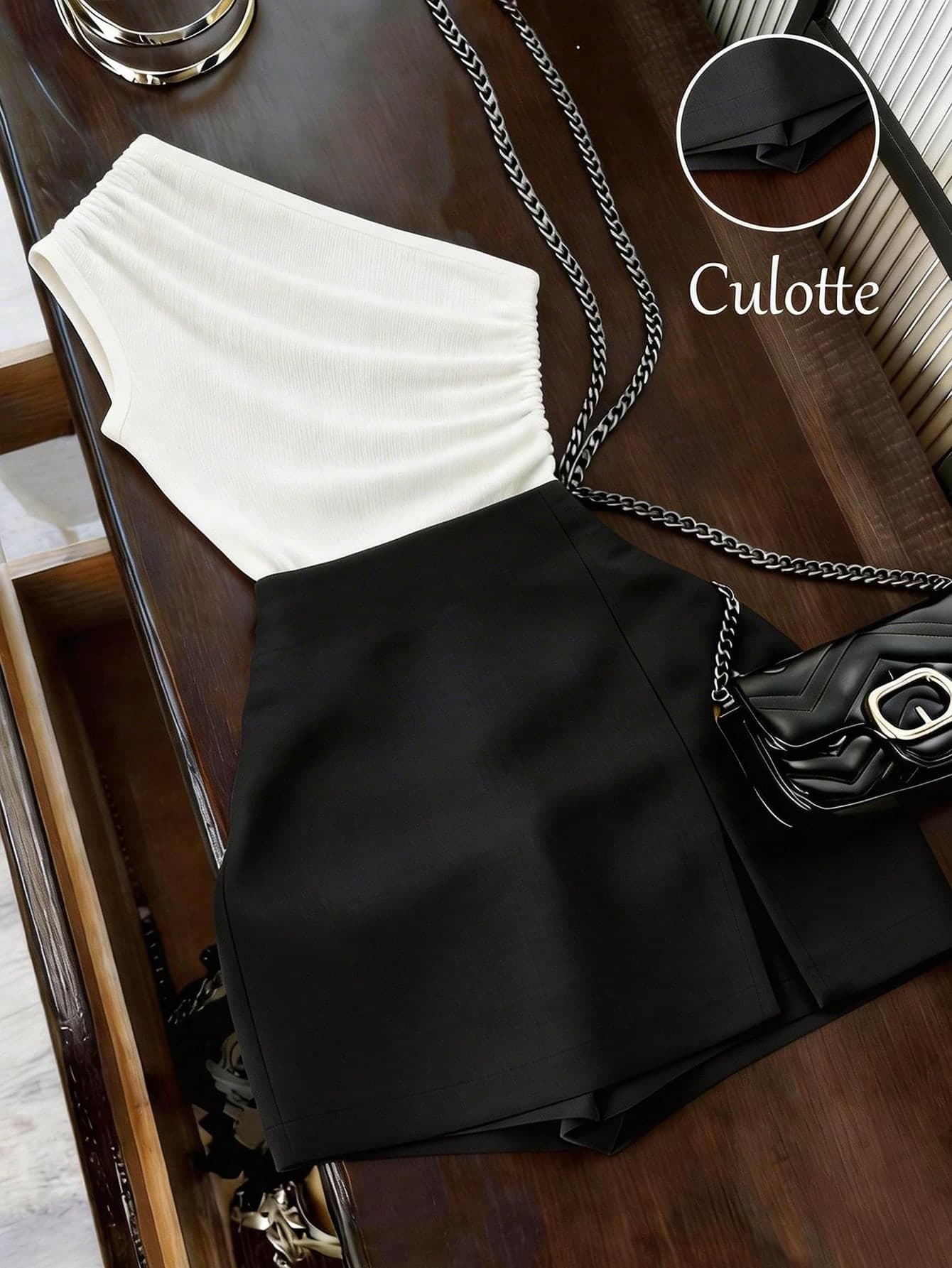 Franclia 2pcs Women's Summer Elegant Black And White Set,Ruched Blouse & High-Waisted Side Slit Skort,Night Out Matching Outfit,Commuter Business Office Wear