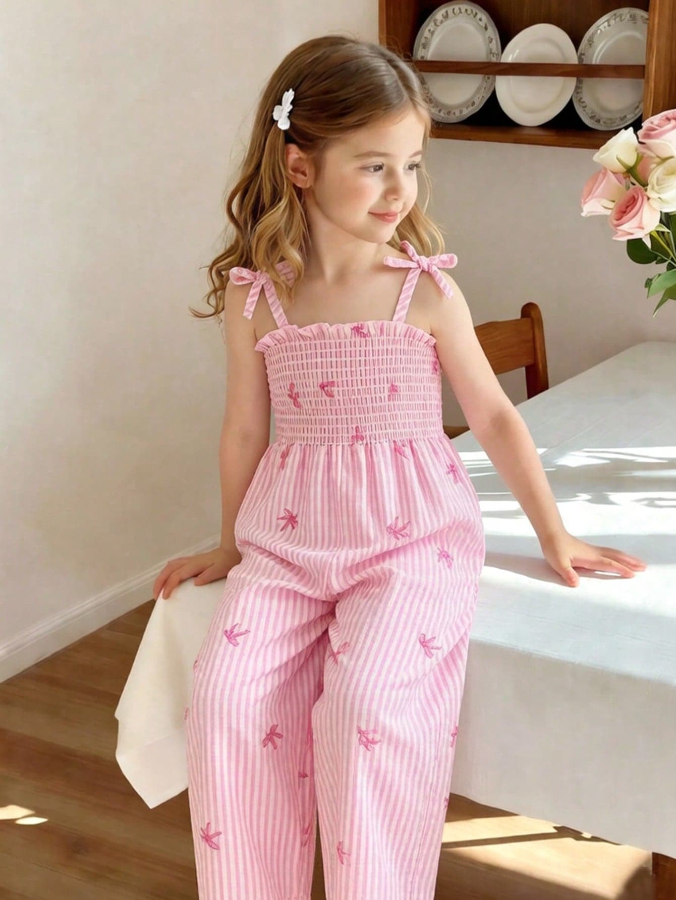 SHEIN Genkimix Kids Girls'Retro Bohemian Spaghetti Strap Jumpsuit,Pink Summer Party Flowy Wide Leg,Comfortable Fabric,Totem Print Minimalist Elegant Vibe For Vacation