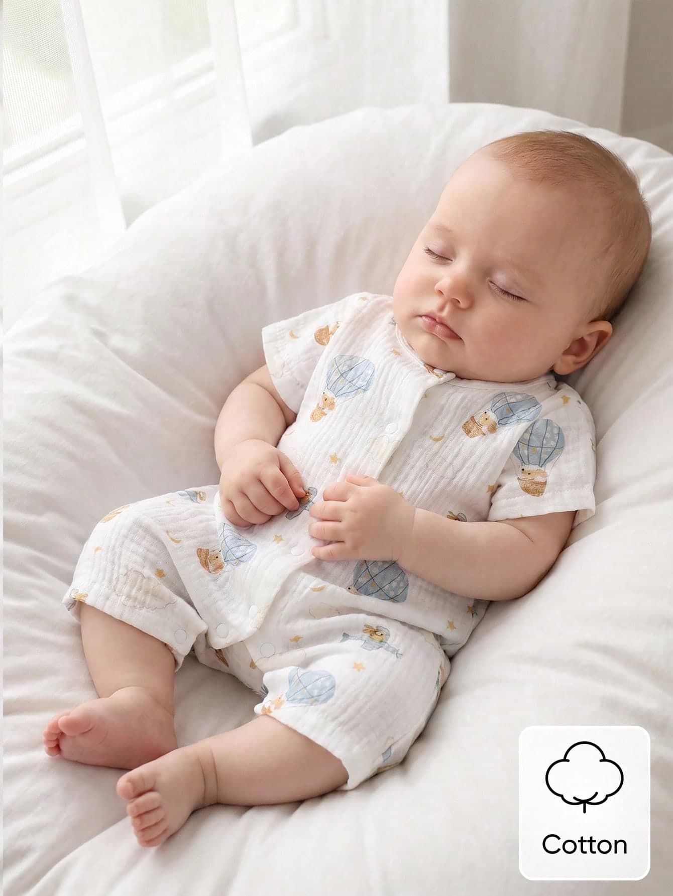 SHEIN Newborn Summer White Short-Sleeve Romper For Baby Boys Cute Cartoon Patterns Soft Casual Outfits Family Matching Cute 2026 Baby Clothes