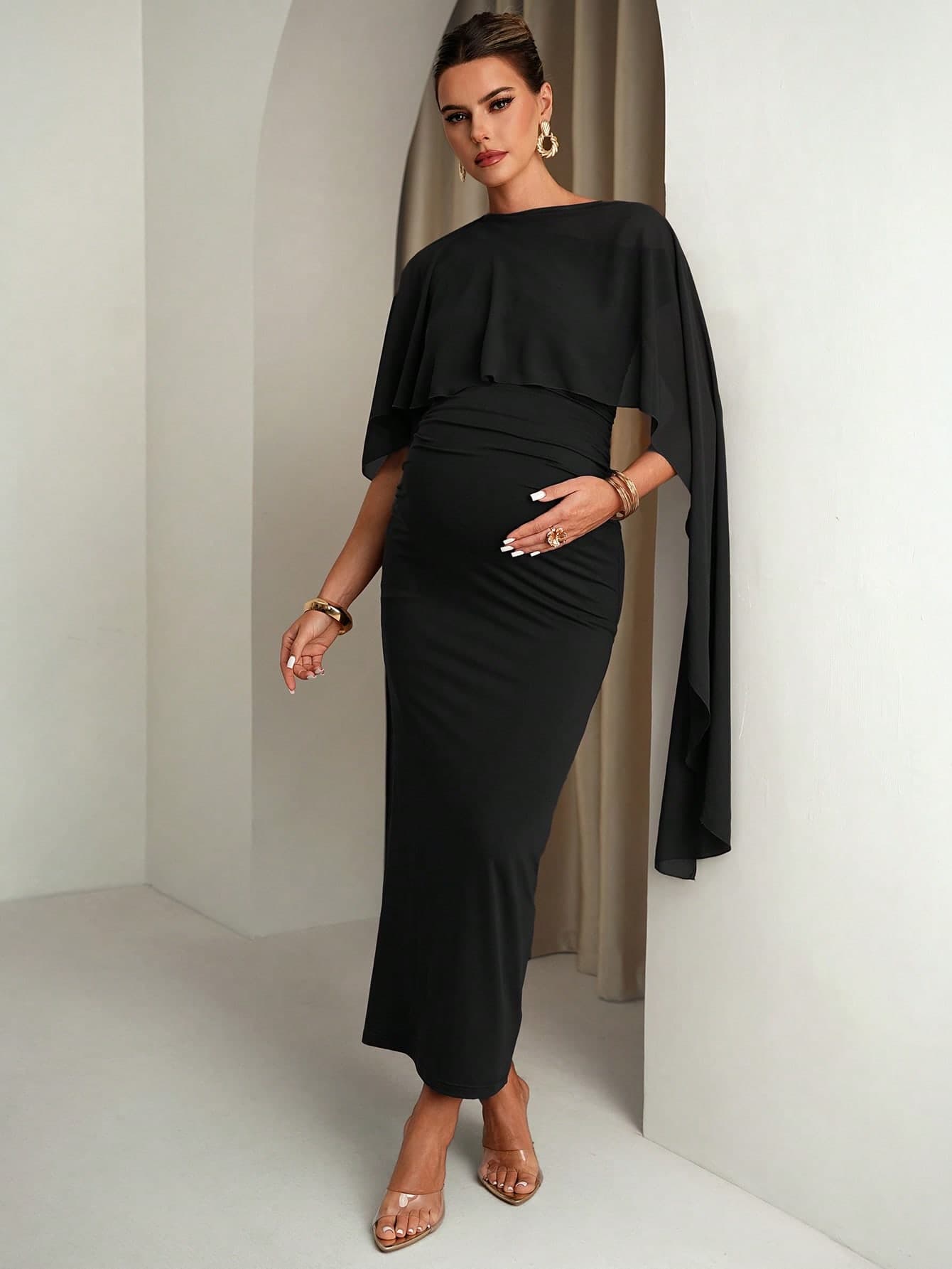 MaterniChic Maternity Solid Color Cape Sleeve Fitted Elegant Dress