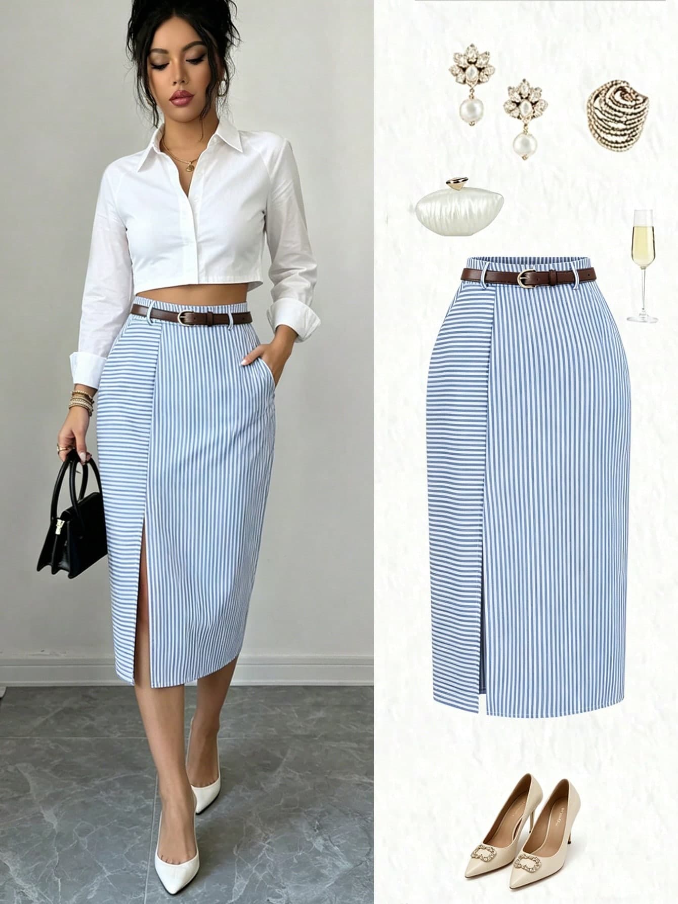 Elenzga Blue & White Vertical Striped Split Hem Skirt, New Summer Straight Bodycon Skirt For Women