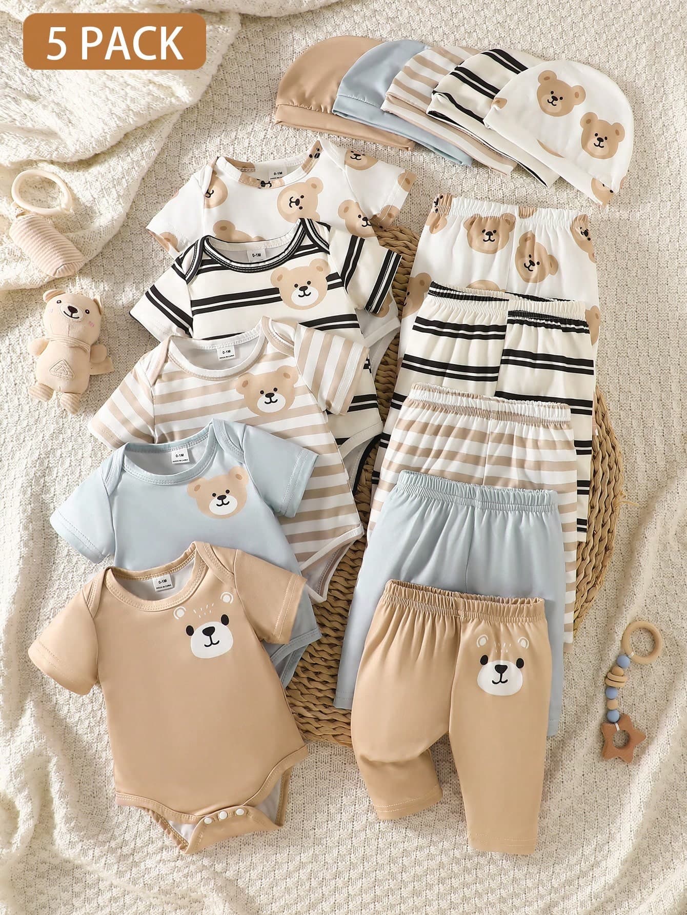 SHEIN 5-Piece Set Newborn Baby Boy Round-Neck Rompers With Cartoon Bear Motifs Striped Pants And Hat White Summer Casual Graphic Work Comfortable Clothes