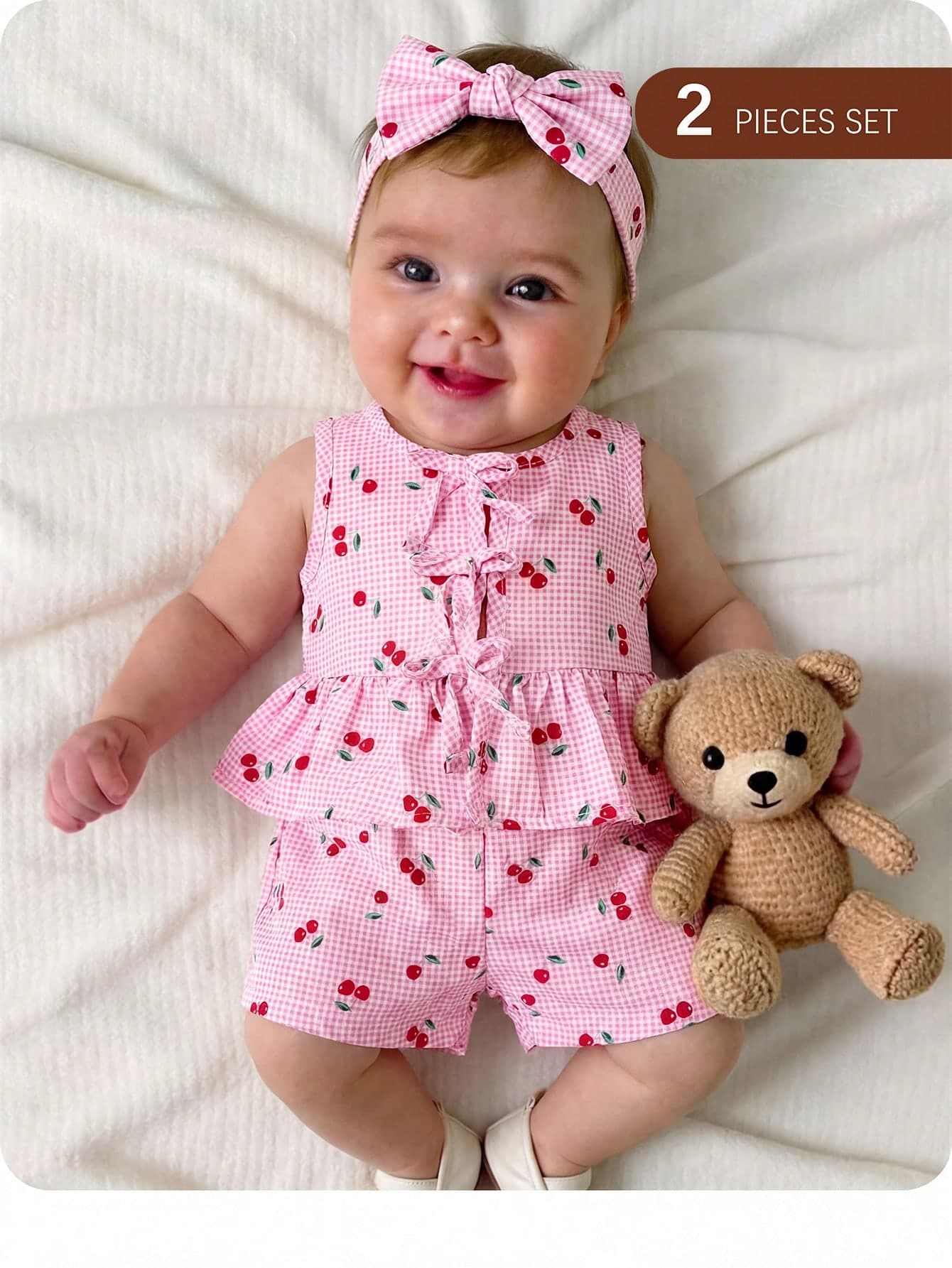 Newborn Baby Girl Vacation Casual Cute Pink&White Cherry Plaid Pattern Vest&Shorts Set Printed Bow