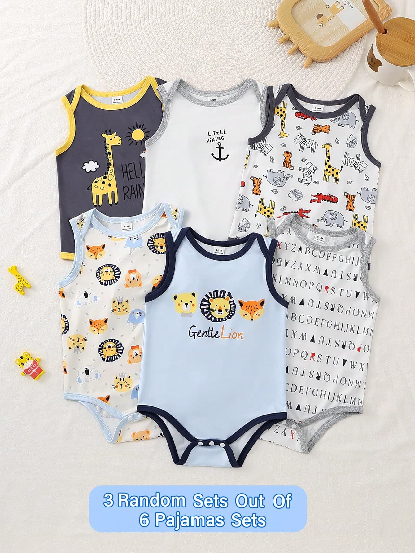 SHEIN Playful Pals Newborn Baby Boys' 3 Pieces Set Soft Knit Sleeveless Bodysuit Blue Summer Casual Cute Family Matching Giraffe Tiger Lion Cartoon Animal Anchor Prints