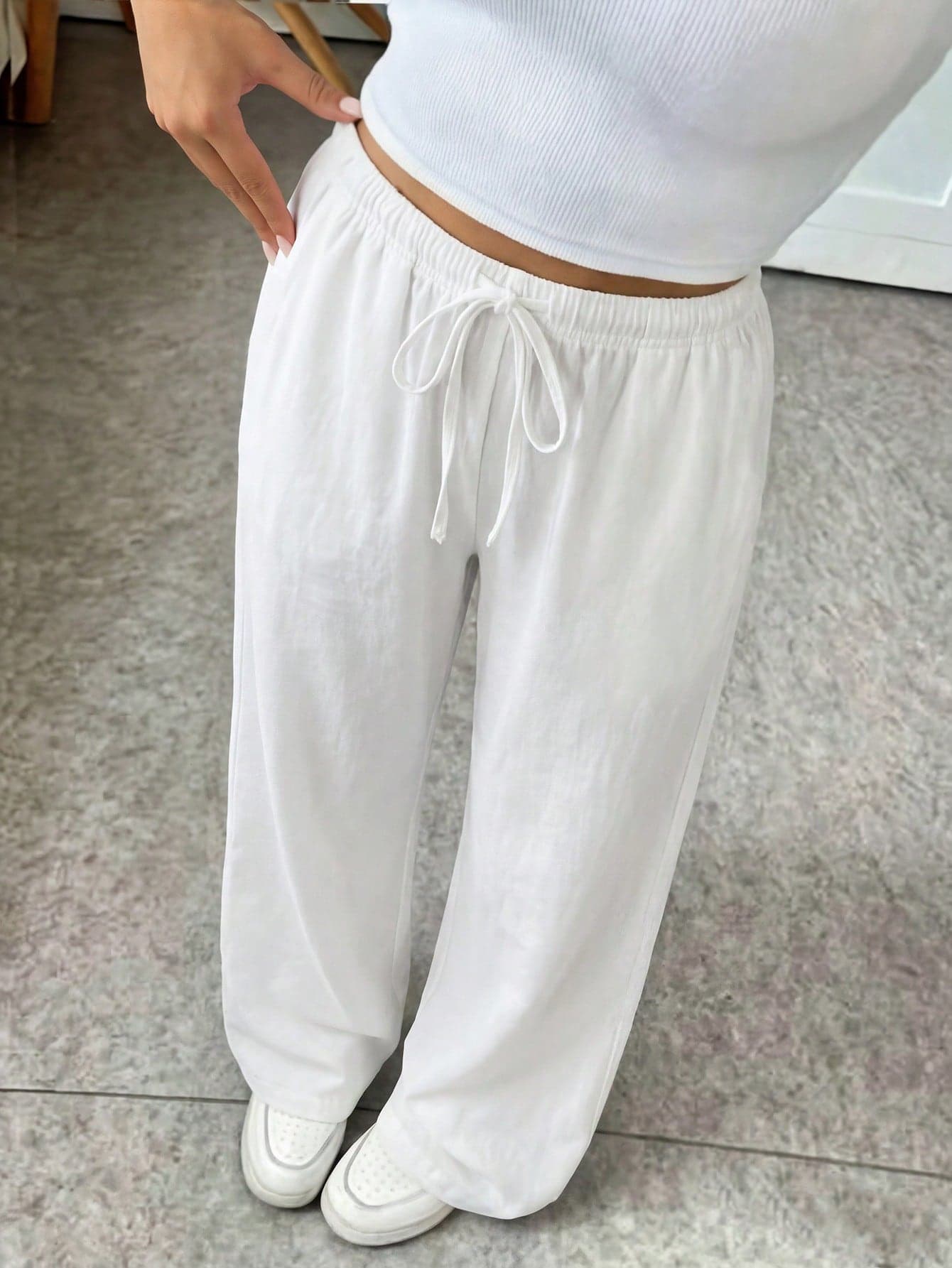 SHEIN Teen Girls Casual Basic Elastic Waist Wide Leg White Pants, Back To School Summer Wear