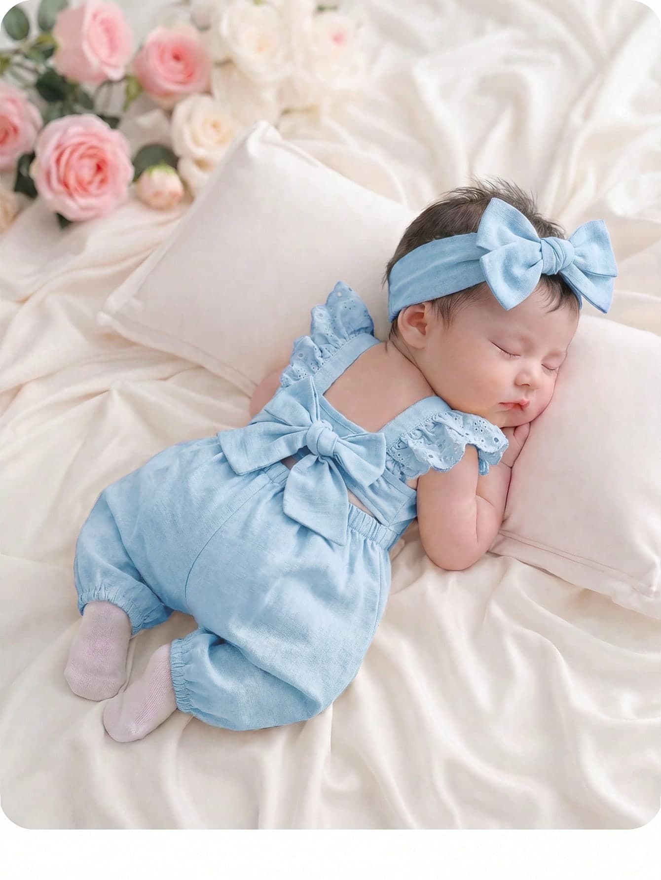 Newborn Baby Girl Cute Casual Versatile Bow Tie Cap Sleeve Jumpsuit
