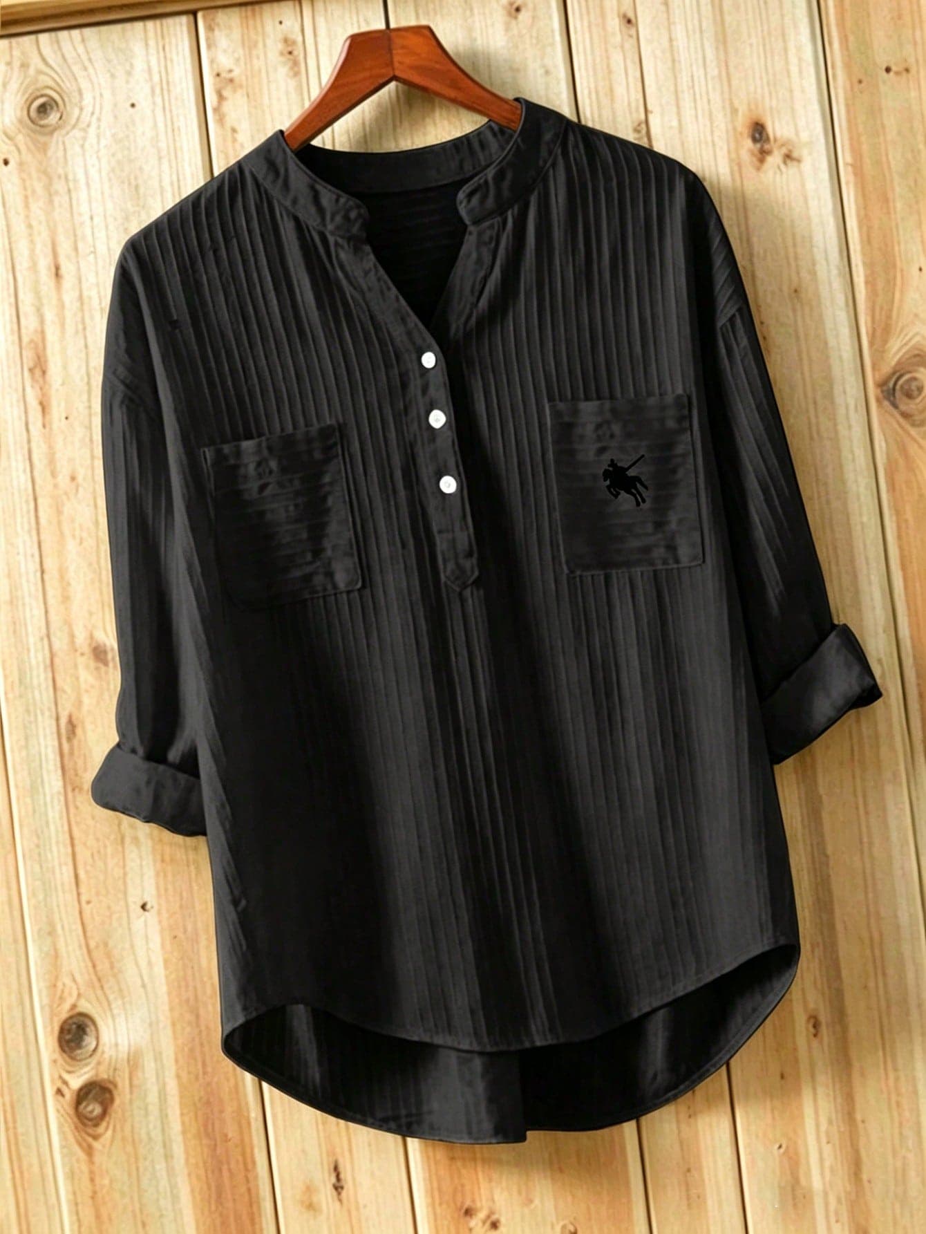 EMERY ROSE Embroidered Collar White Striped Blouse, Loose Casual 3/4 Sleeve Textured Women Top