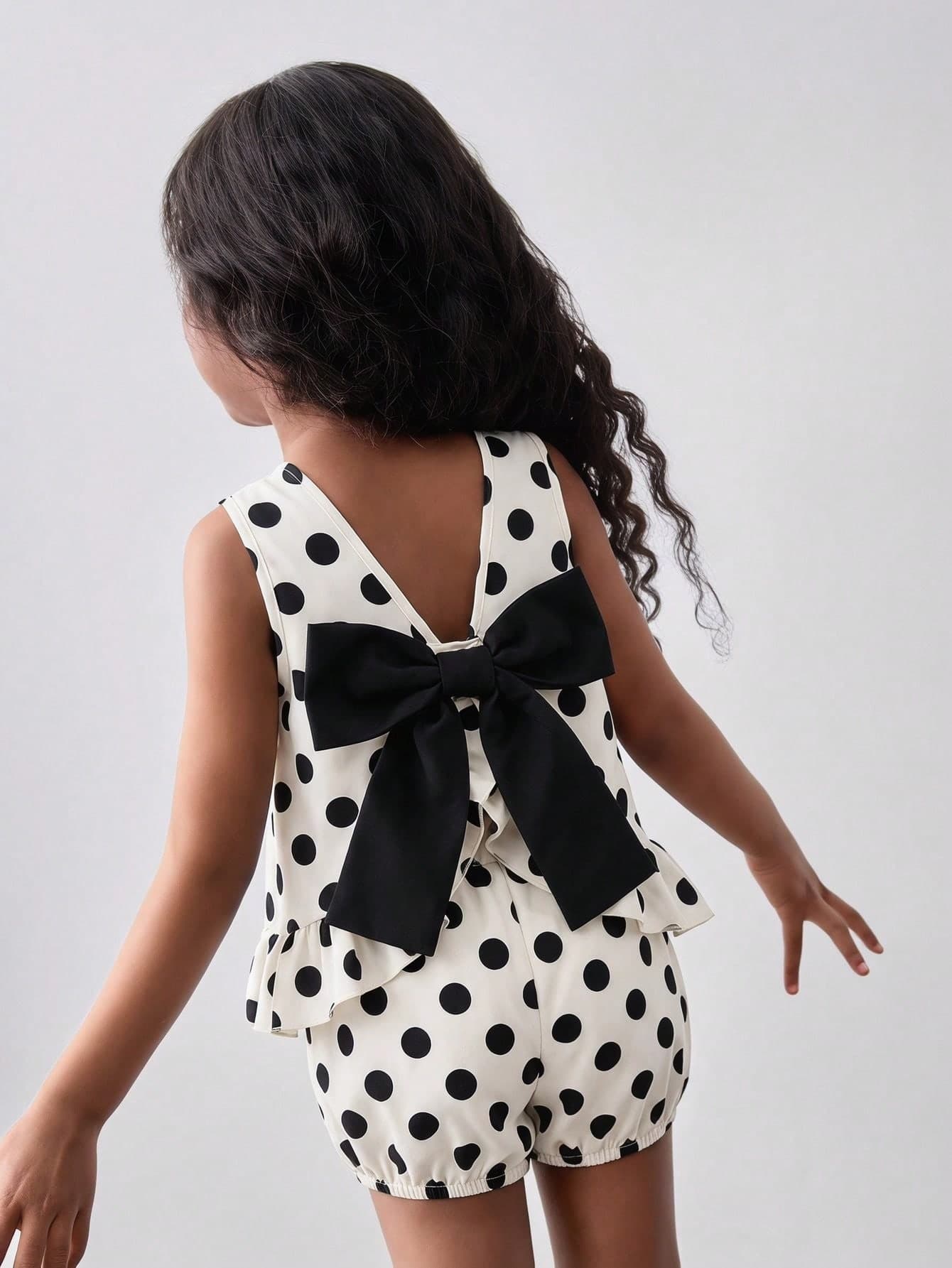 Maija Kids Maija Kids Kids 2pcs Young Girl Woven Polka Dot Bow Decor Camisole And Shorts Set Birthday Summer
