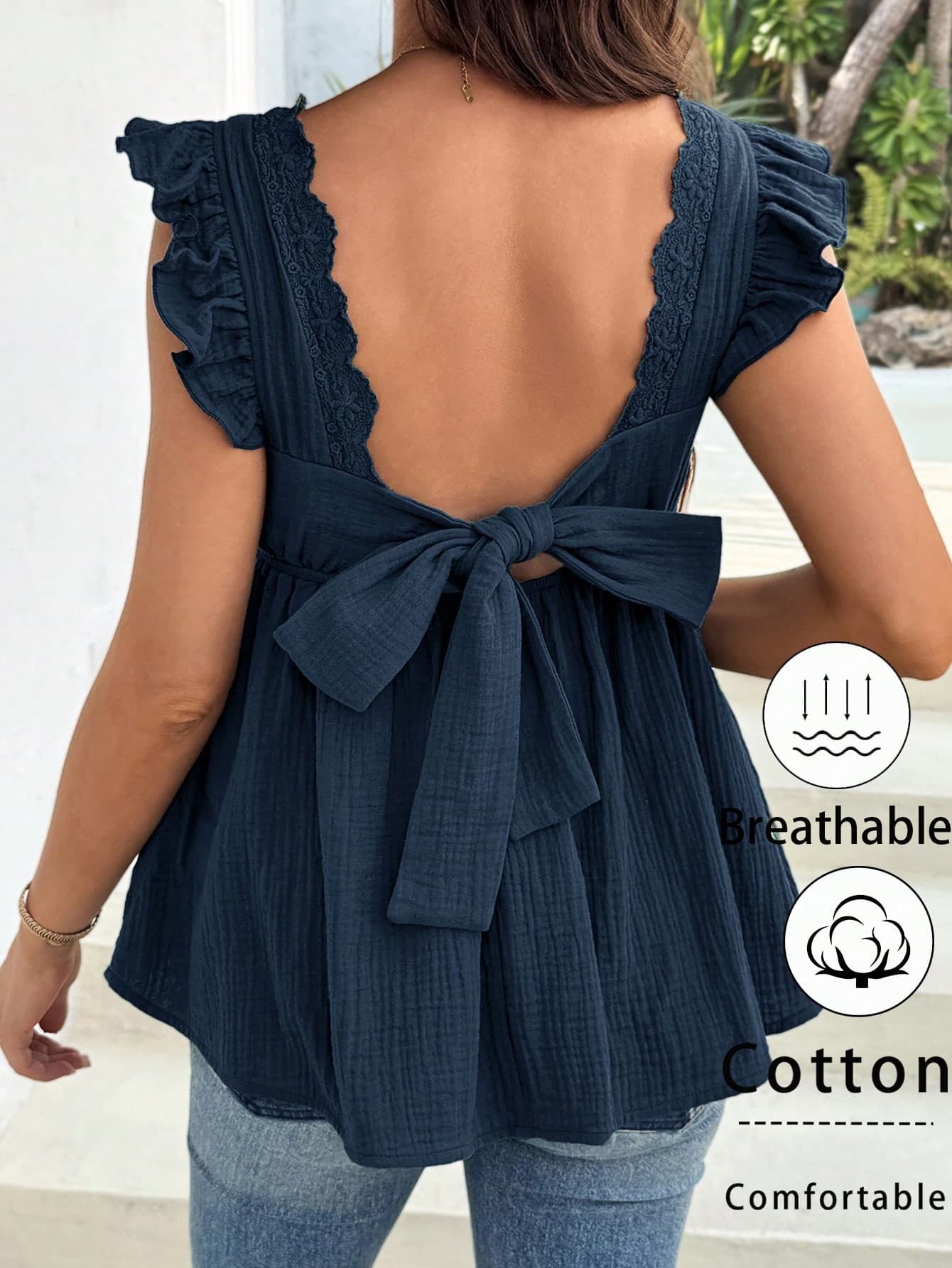 SHEIN Maternity Vacation Solid Color Tie Back Flutter Sleeve Blouse