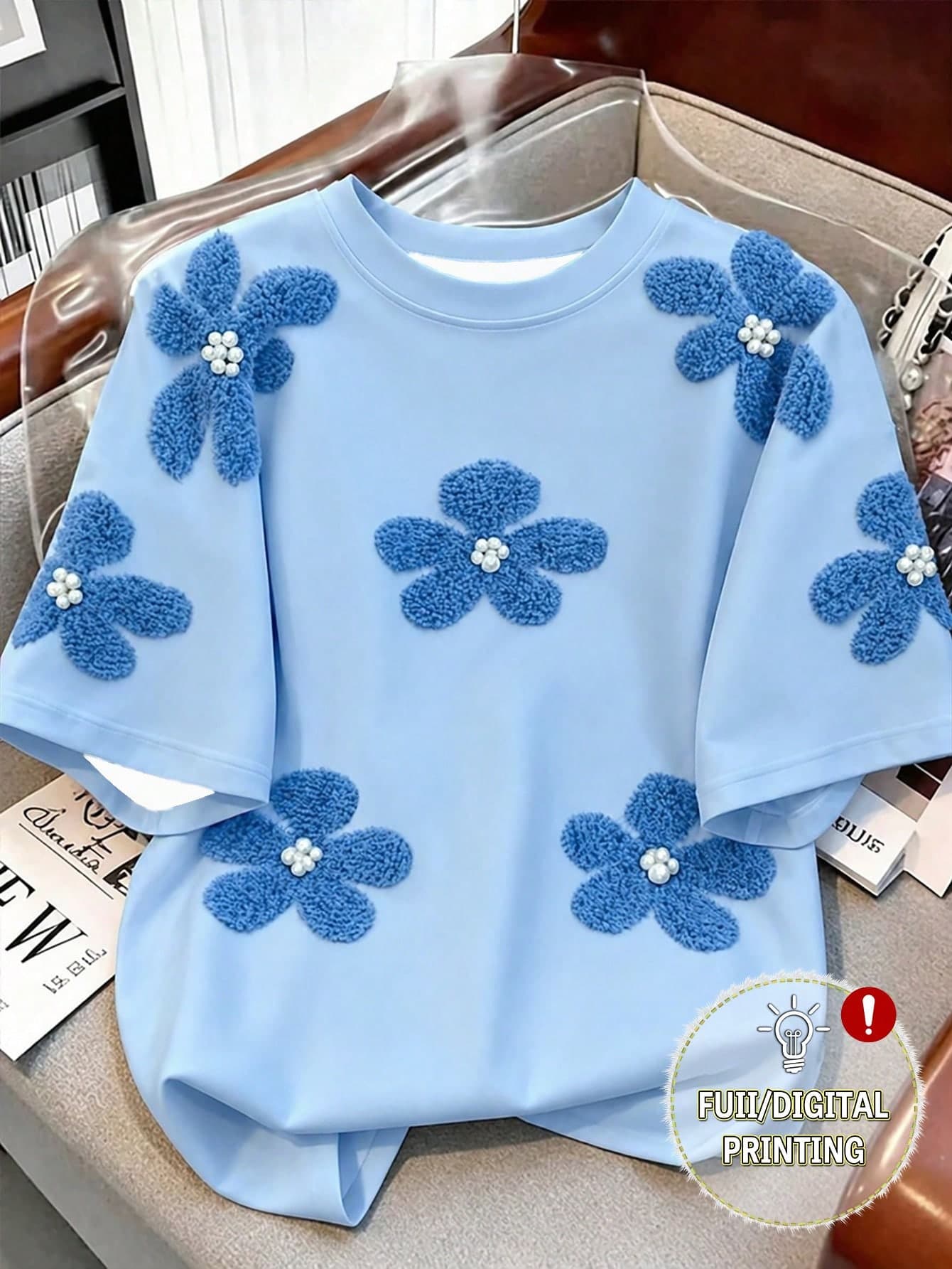 SHEIN Women's Round Neck Digital Printed Flower Studded T-Shirt