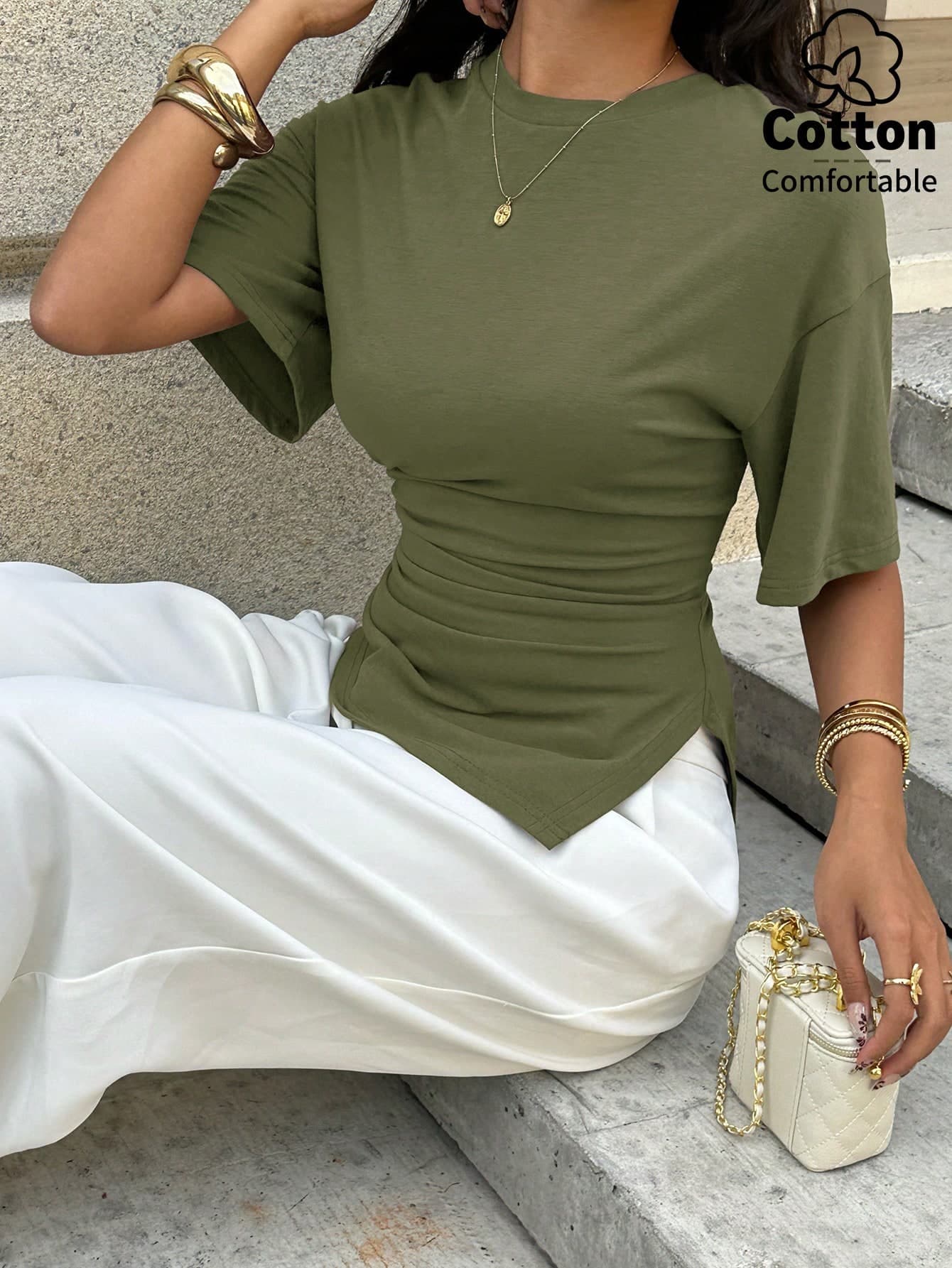 Aloruh Women's Casual Versatile Brown T-Shirt, Summer T-Shirt, Round Neck T-Shirt, Waist Cinched Asymmetric T-Shirt,Summer Top