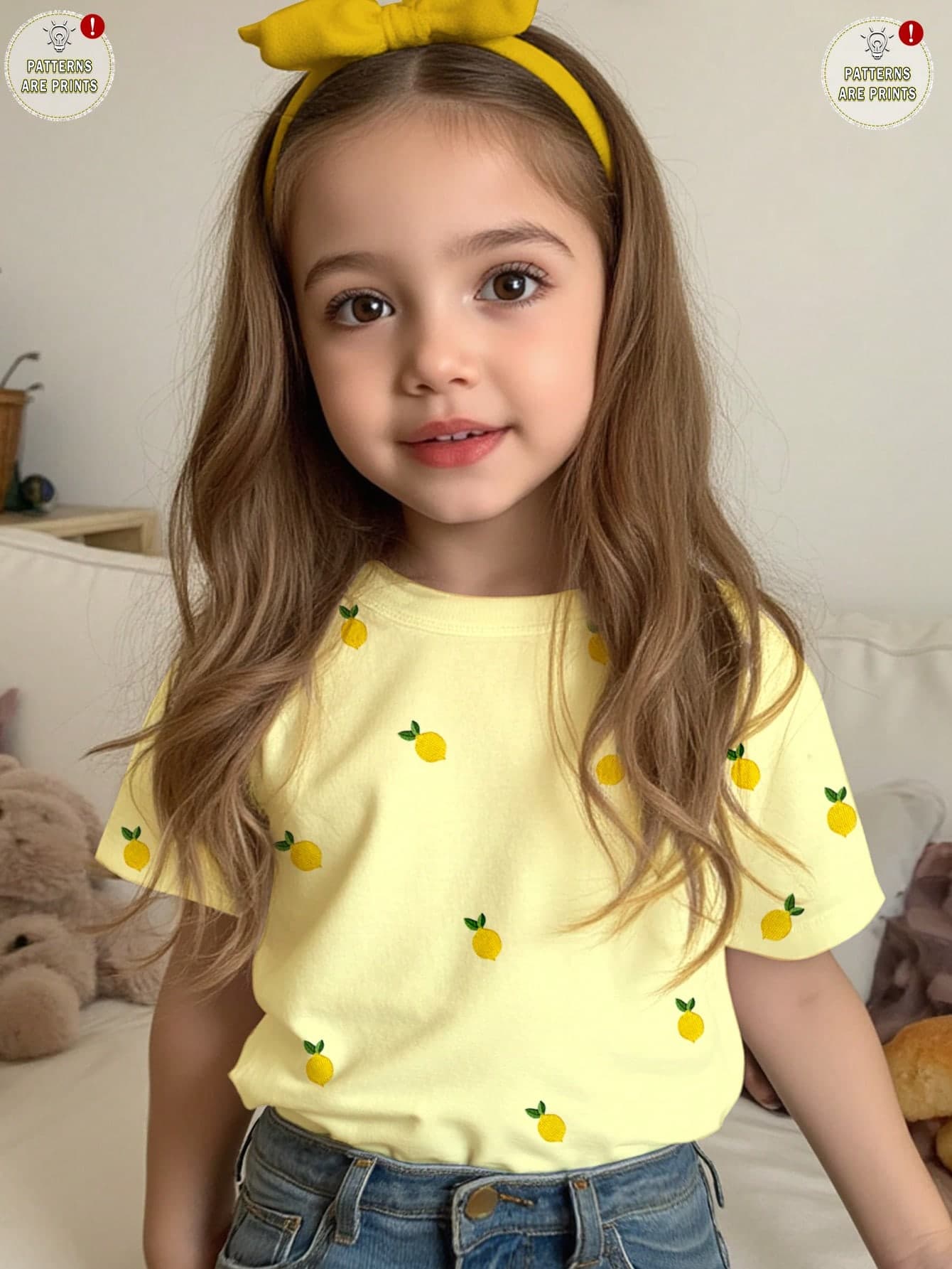 Young Girl Casual Cute Polka Dot Summer Tropical Lemon Fruit Pattern Cream Yellow Countryside Beach Vacation Style Round Neck Short Sleeve T-Shirt