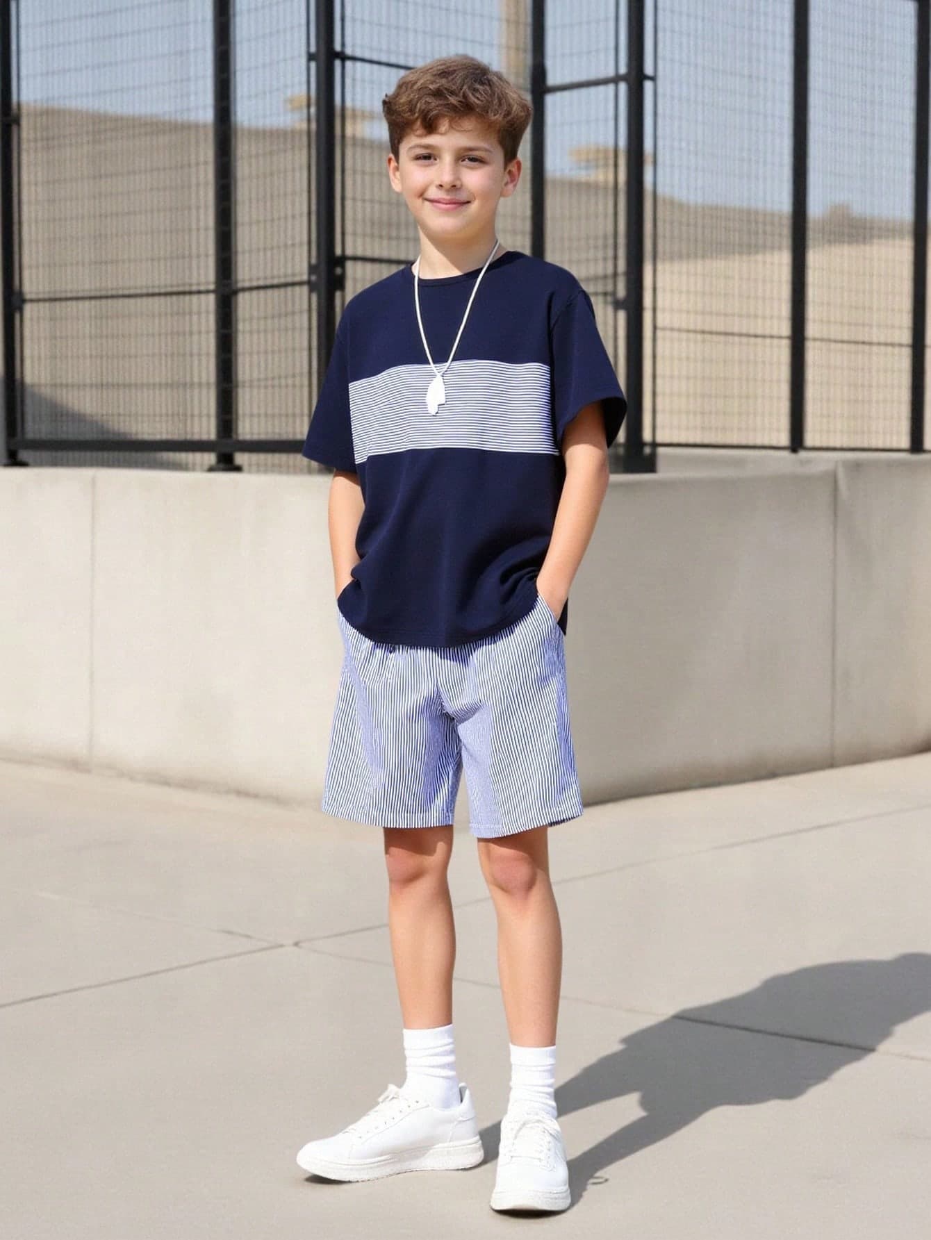 SHEIN 2pcs/Set Teenage Boys' Summer Colorblock Letter Splice Round Neck Short Sleeve T-Shirt And Outdoor Casual Fashion 3D Letter Sports Shorts