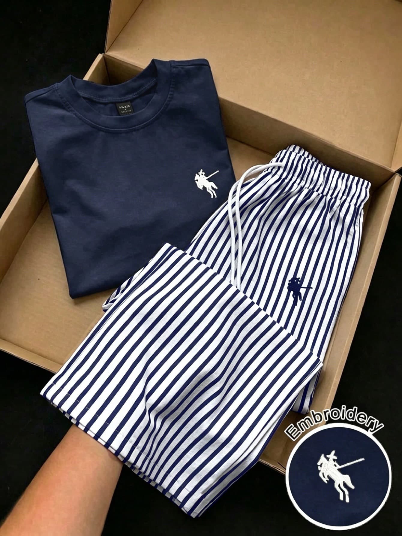 Qadelle Women's Summer Casual Everyday 2 Pieces Set,Navy Blue And White Striped Print Straight Leg Pants,Embroidered Round Neck Short Sleeve Tight T-Shirt