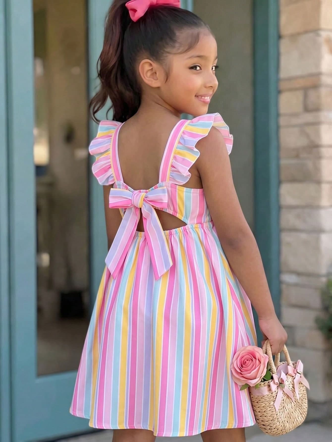 SHEIN Young Girl Chiffon Ditsy Floral Square Collar Ruffle Hem Casual Cute Dress Birthday Vacation Pink Striped Summer Holiday