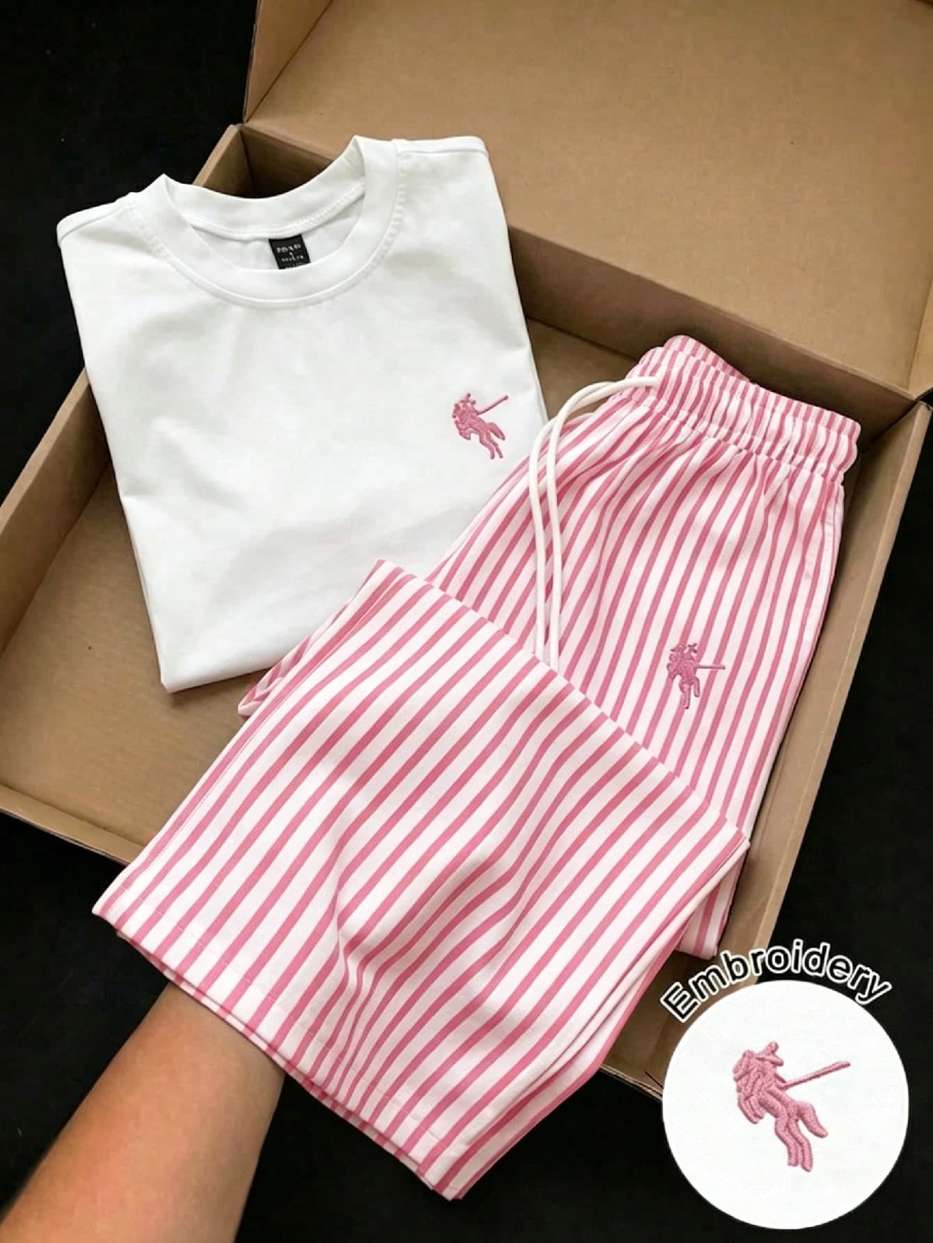GlowEve Women's Pink And White Striped 2 Pieces Set,Summer Casual Everyday Embroidered Short Sleeve Round Neck Tight T-Shirt & Drawstring Straight Leg Pants