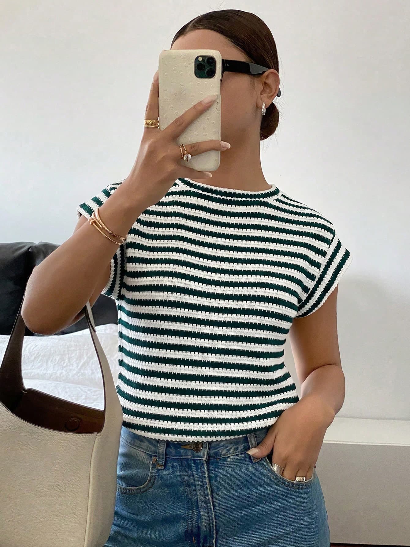 Siren Gaze Women's Green And White Crew Neck Short Sleeve Casual French Coastal Versatile T-Shirt Summer Topworld Cup Vacation Brunch Picnic